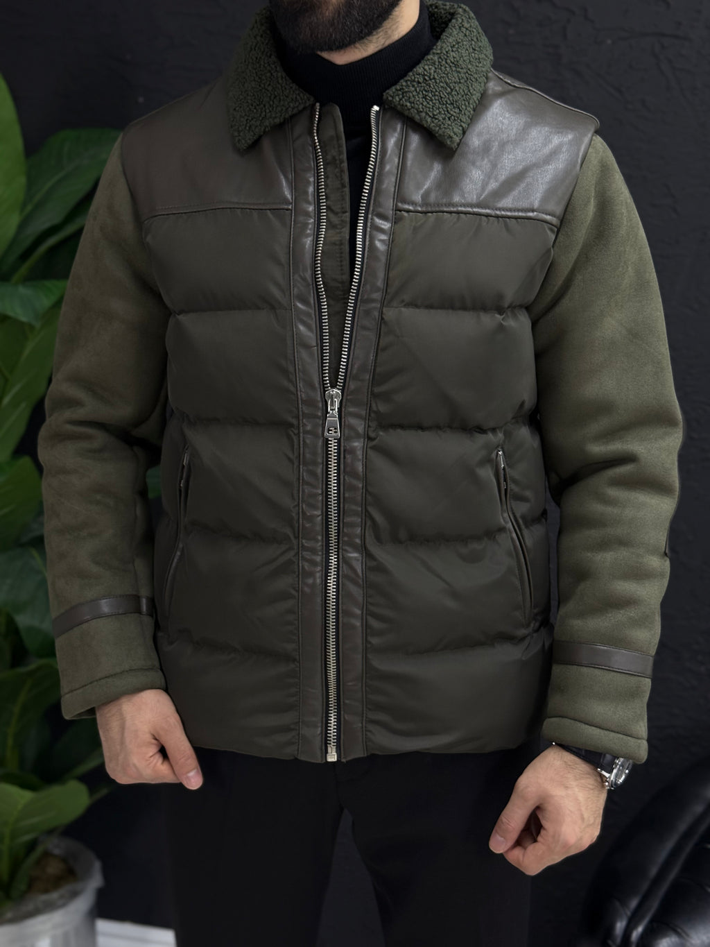 Casual şişme mont kollar Süet Kumaş kalıp Slim fit