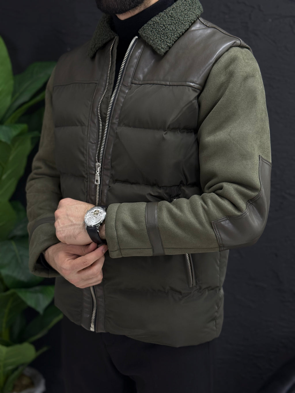 Casual şişme mont kollar Süet Kumaş kalıp Slim fit