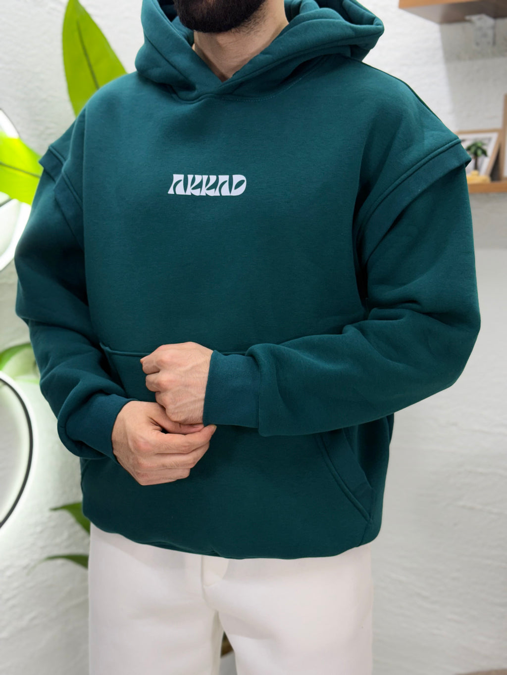 Önden AKKAD baskısı üç iplik sweatshirt kalıp Oversize