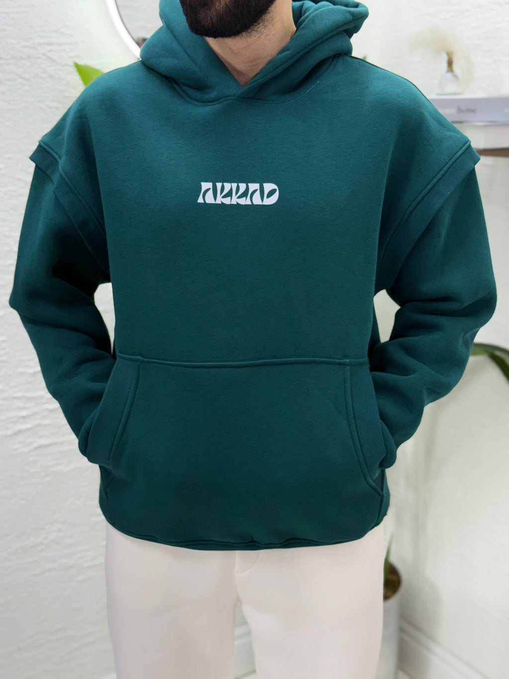 Önden AKKAD baskısı üç iplik sweatshirt kalıp Oversize