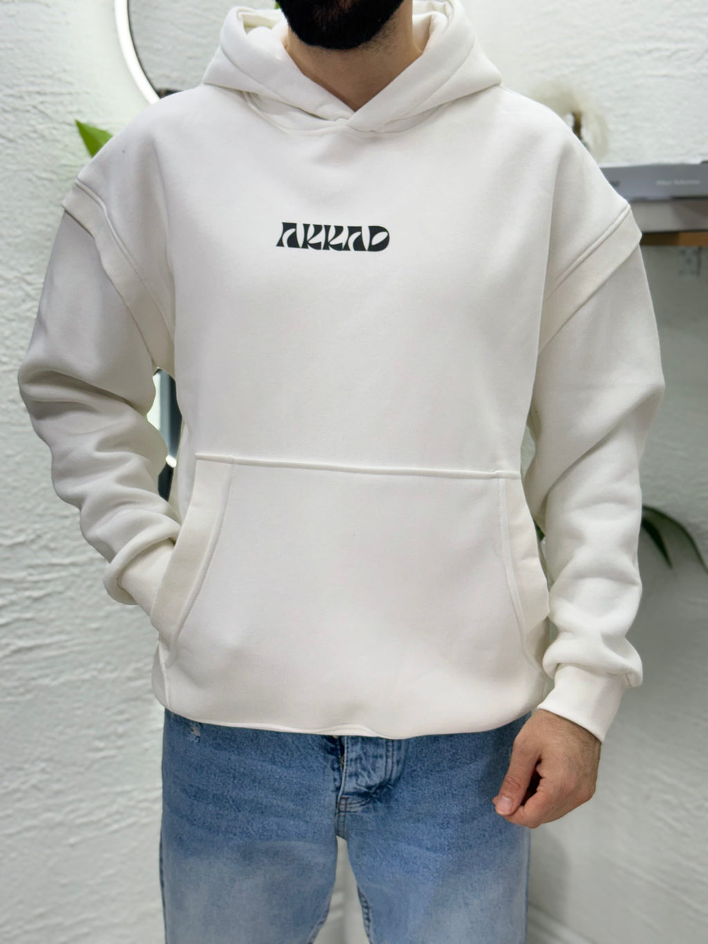 Önden AKKAD baskısı üç iplik sweatshirt kalıp Oversize