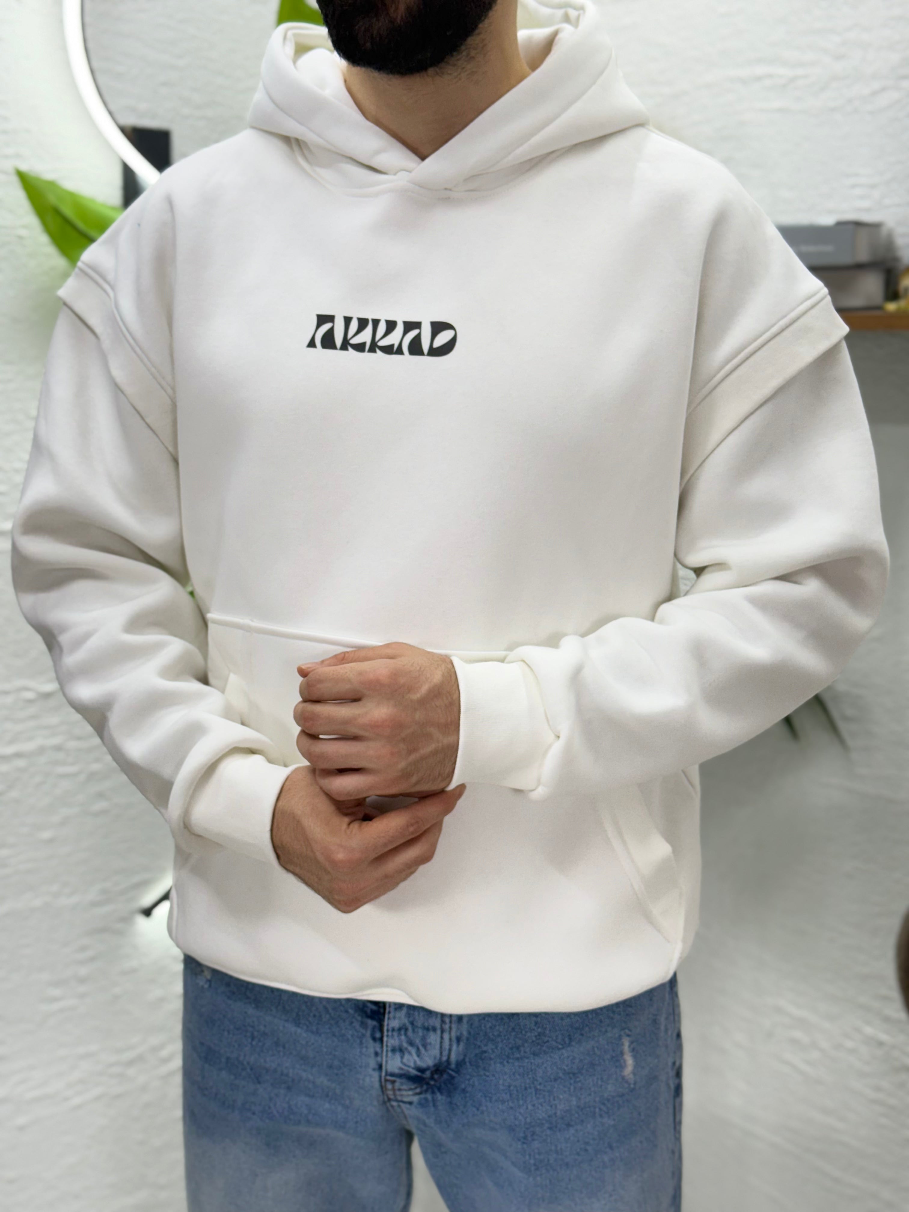 Önden AKKAD baskısı üç iplik sweatshirt kalıp Oversize