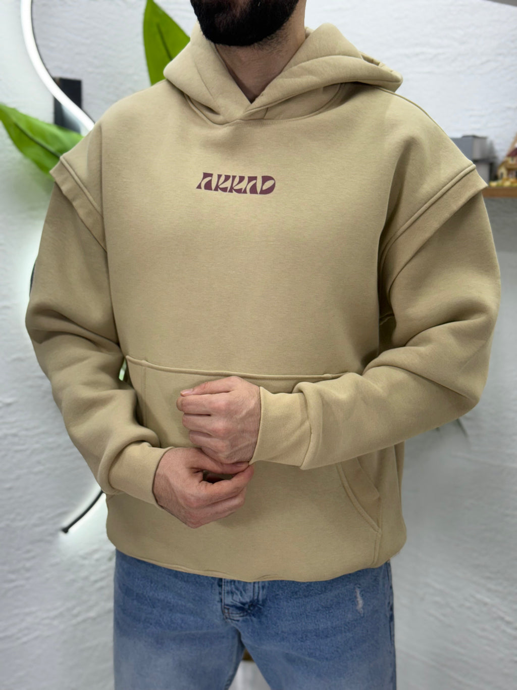 Önden AKKAD baskısı üç iplik sweatshirt kalıp Oversize