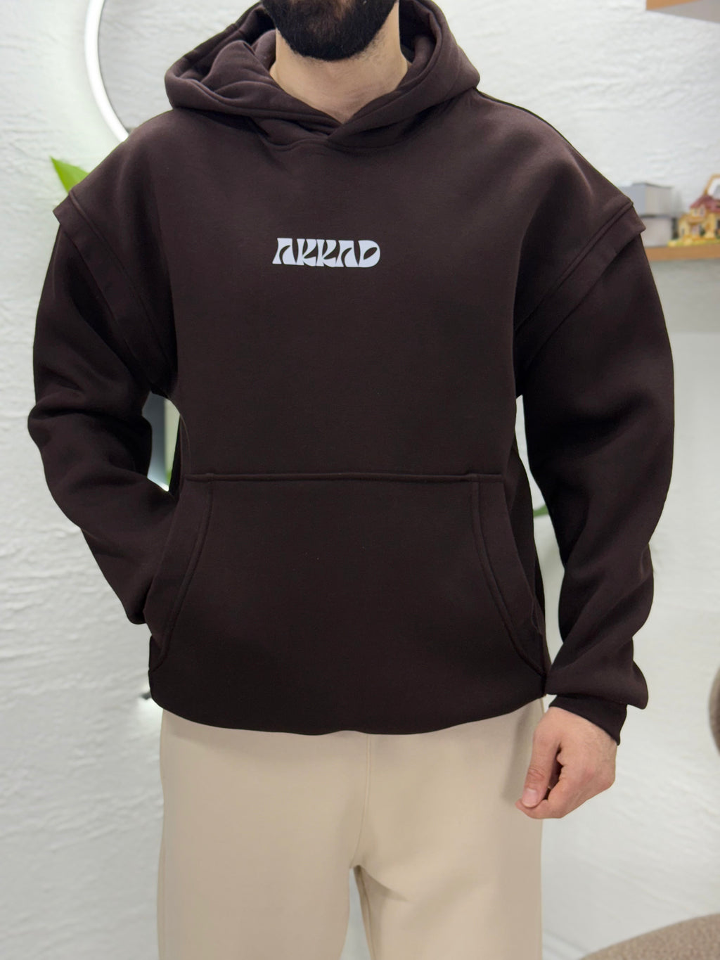 Önden AKKAD baskısı üç iplik sweatshirt kalıp Oversize