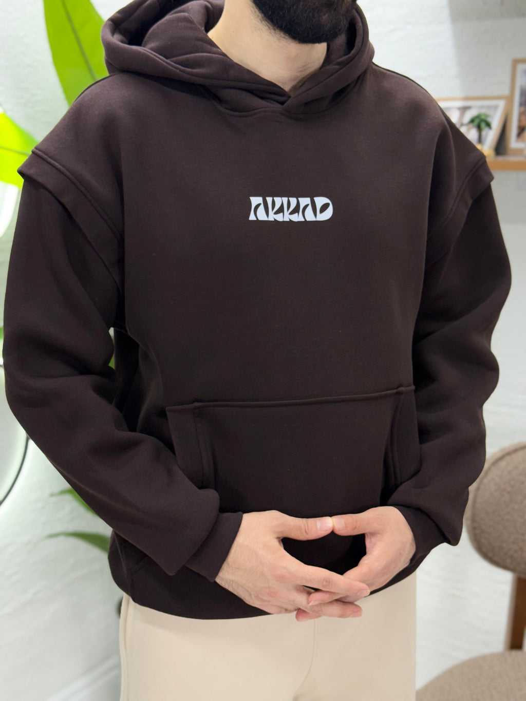 Önden AKKAD baskısı üç iplik sweatshirt kalıp Oversize