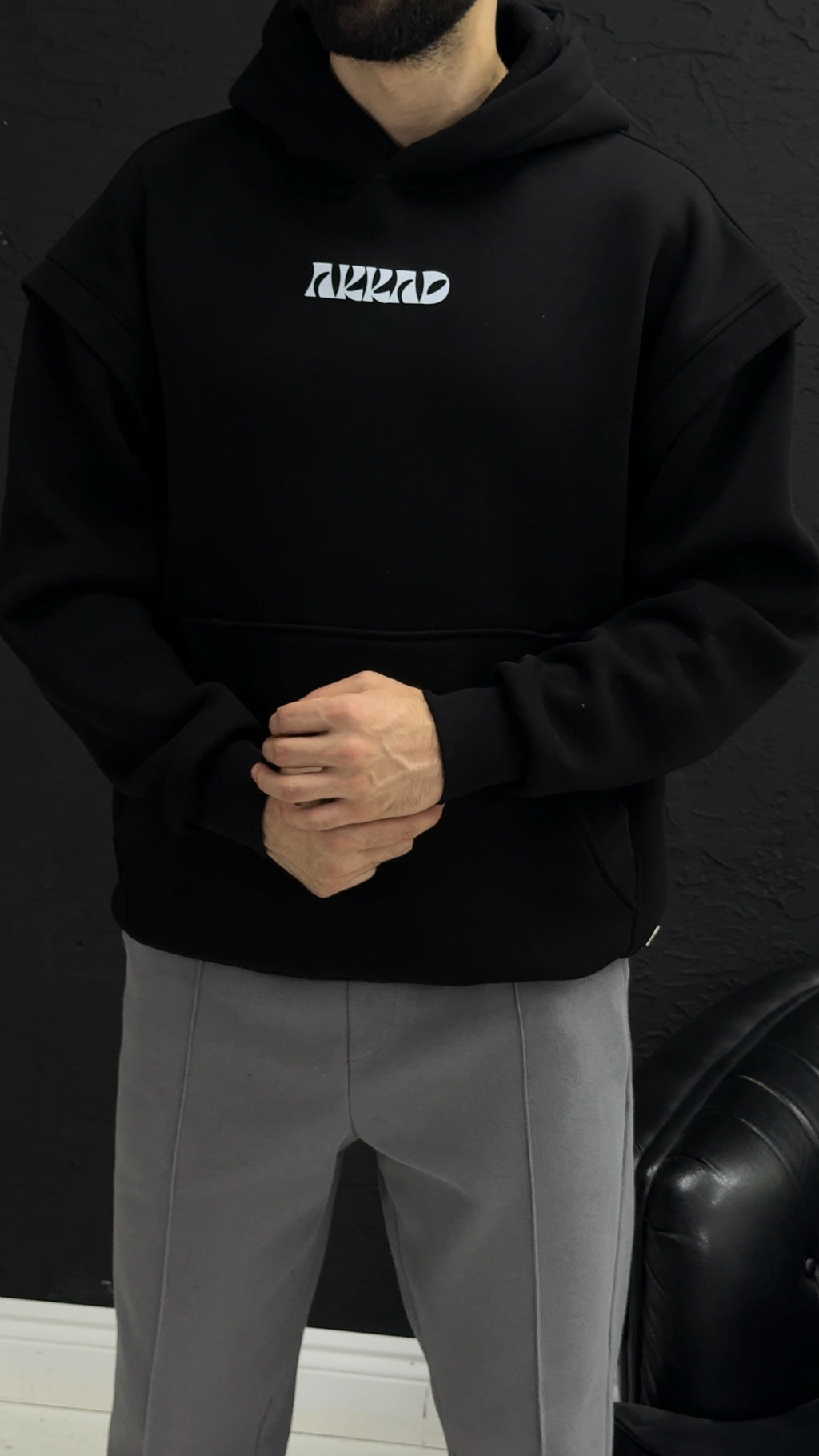 Önden AKKAD baskısı üç iplik sweatshirt kalıp Oversize