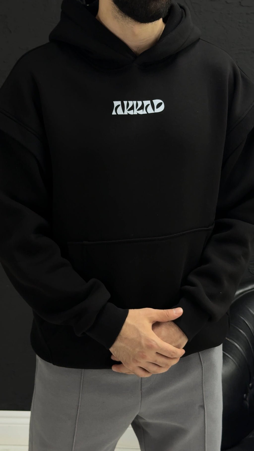 Önden AKKAD baskısı üç iplik sweatshirt kalıp Oversize