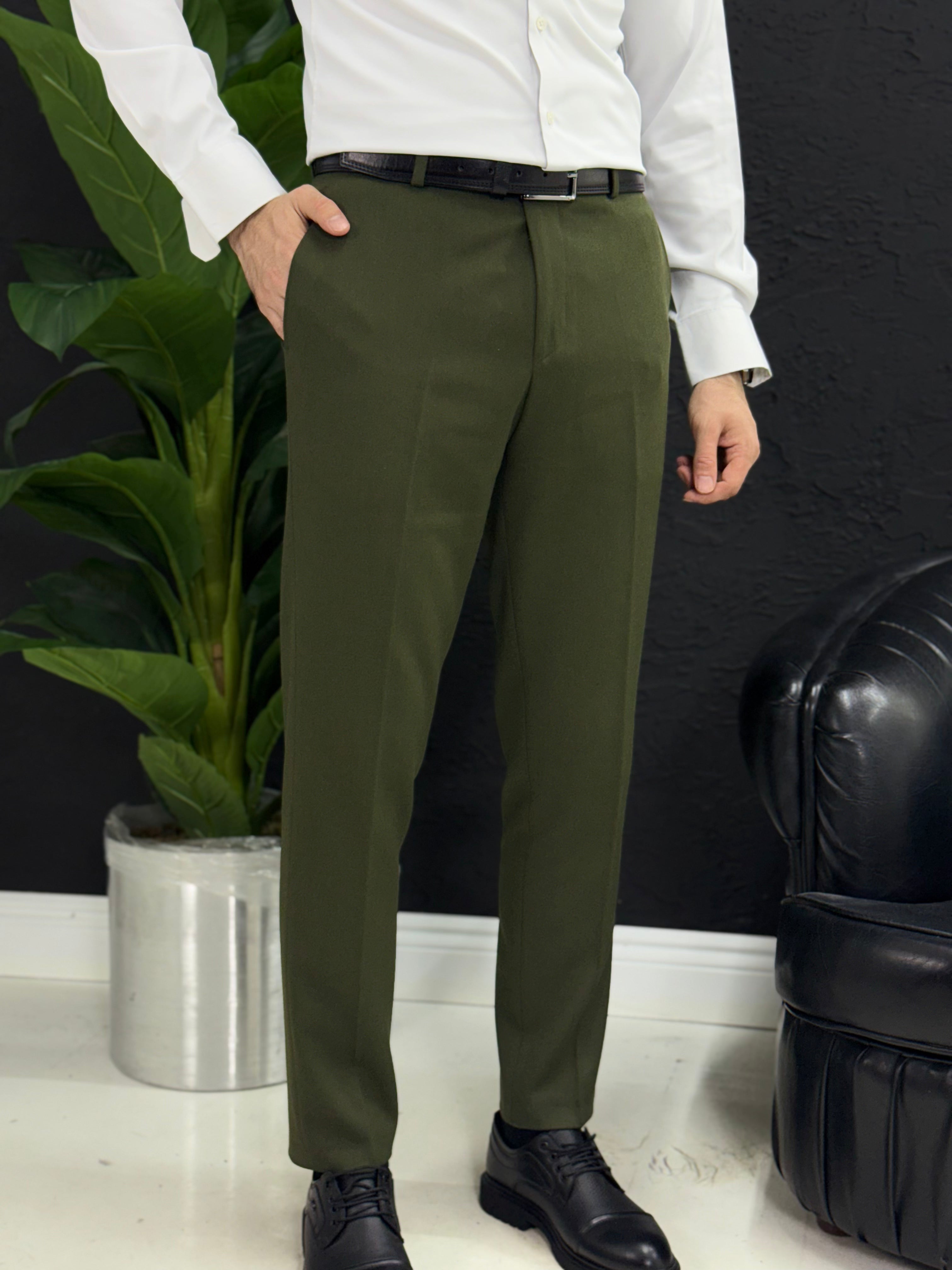 Kemersiz klasik kumaş pantolon kalıp Slim fit