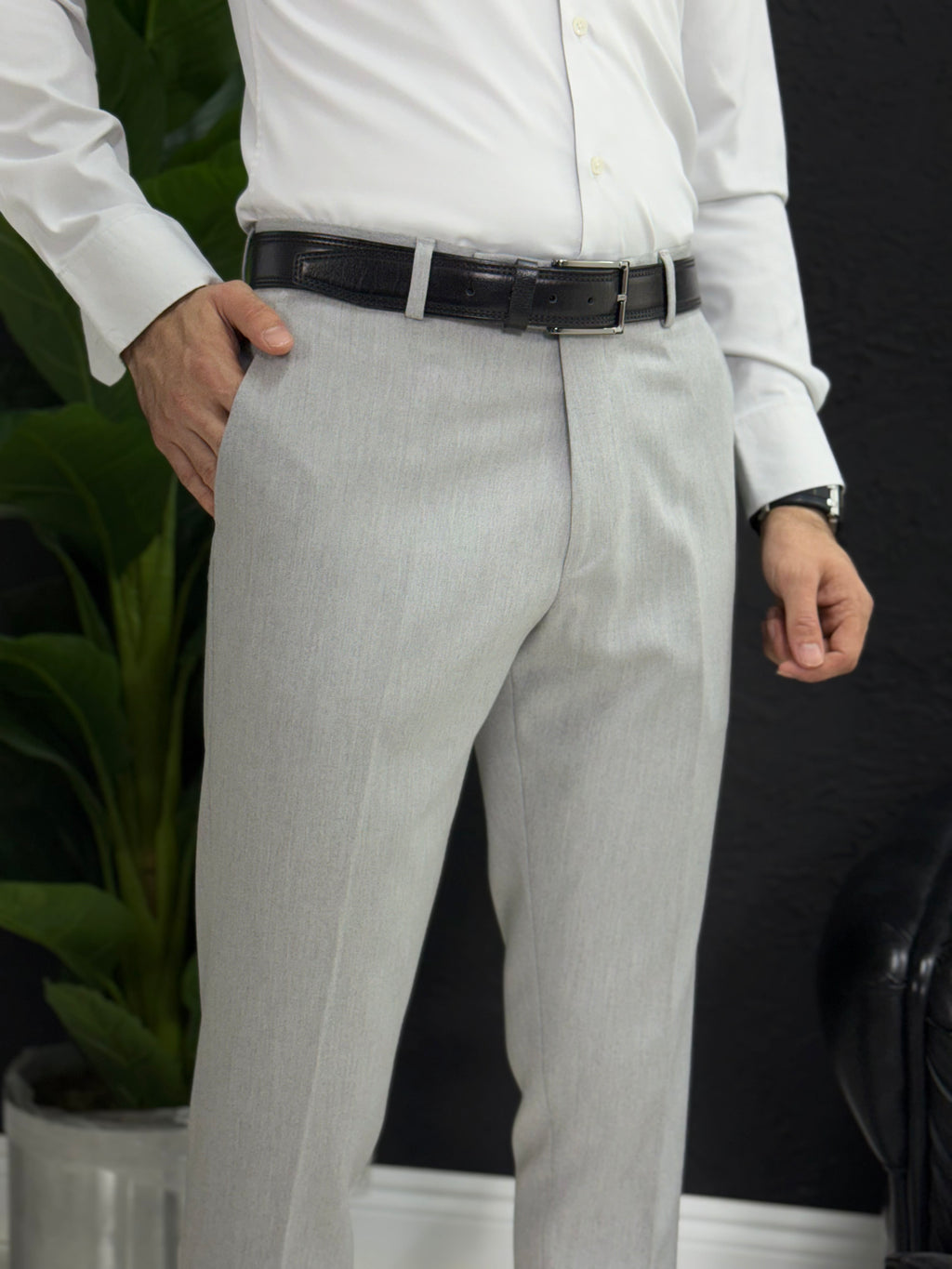 Kemersiz klasik kumaş pantolon kalıp Slim fit