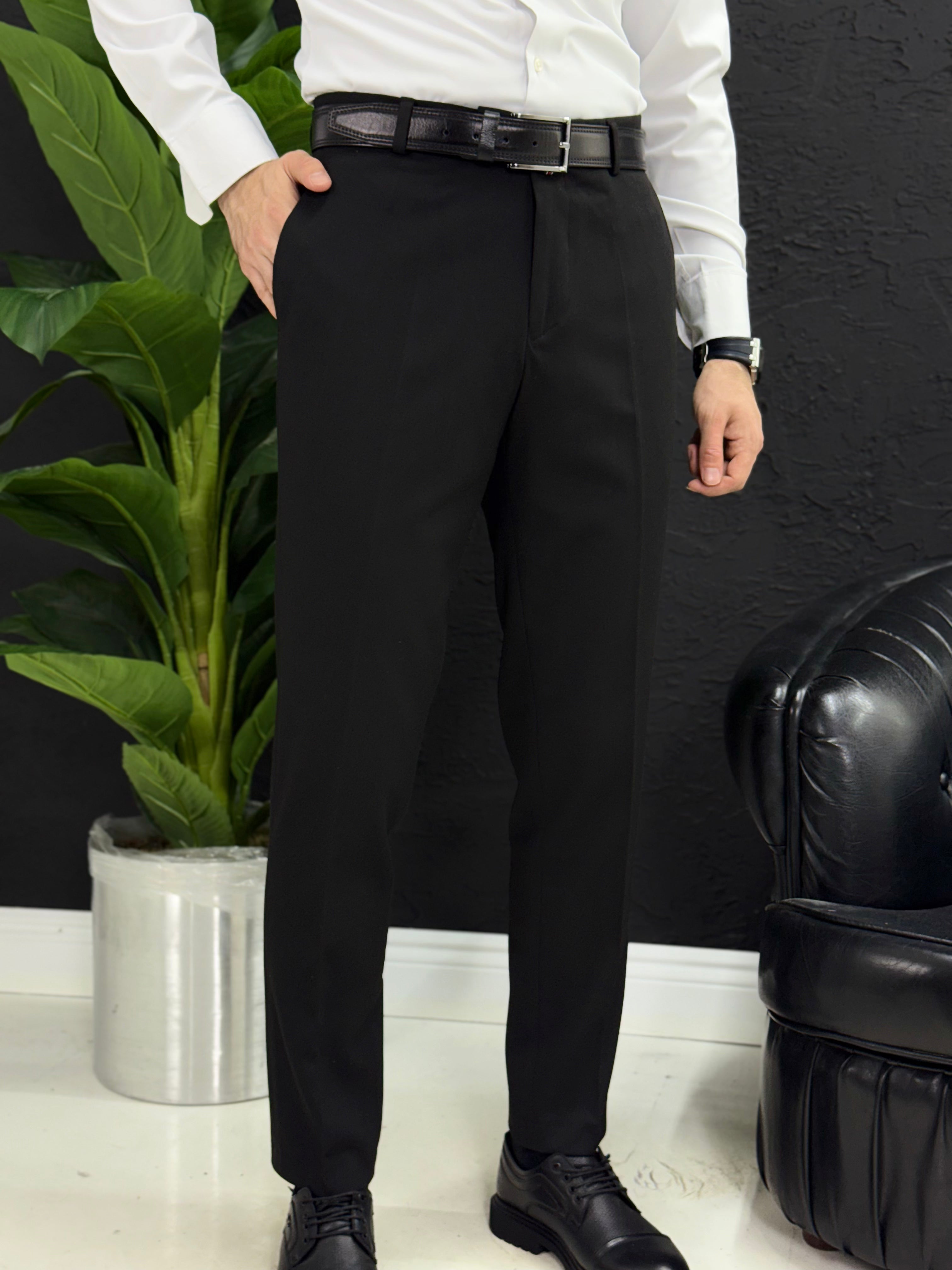 Kemersiz klasik kumaş pantolon kalıp Slim fit