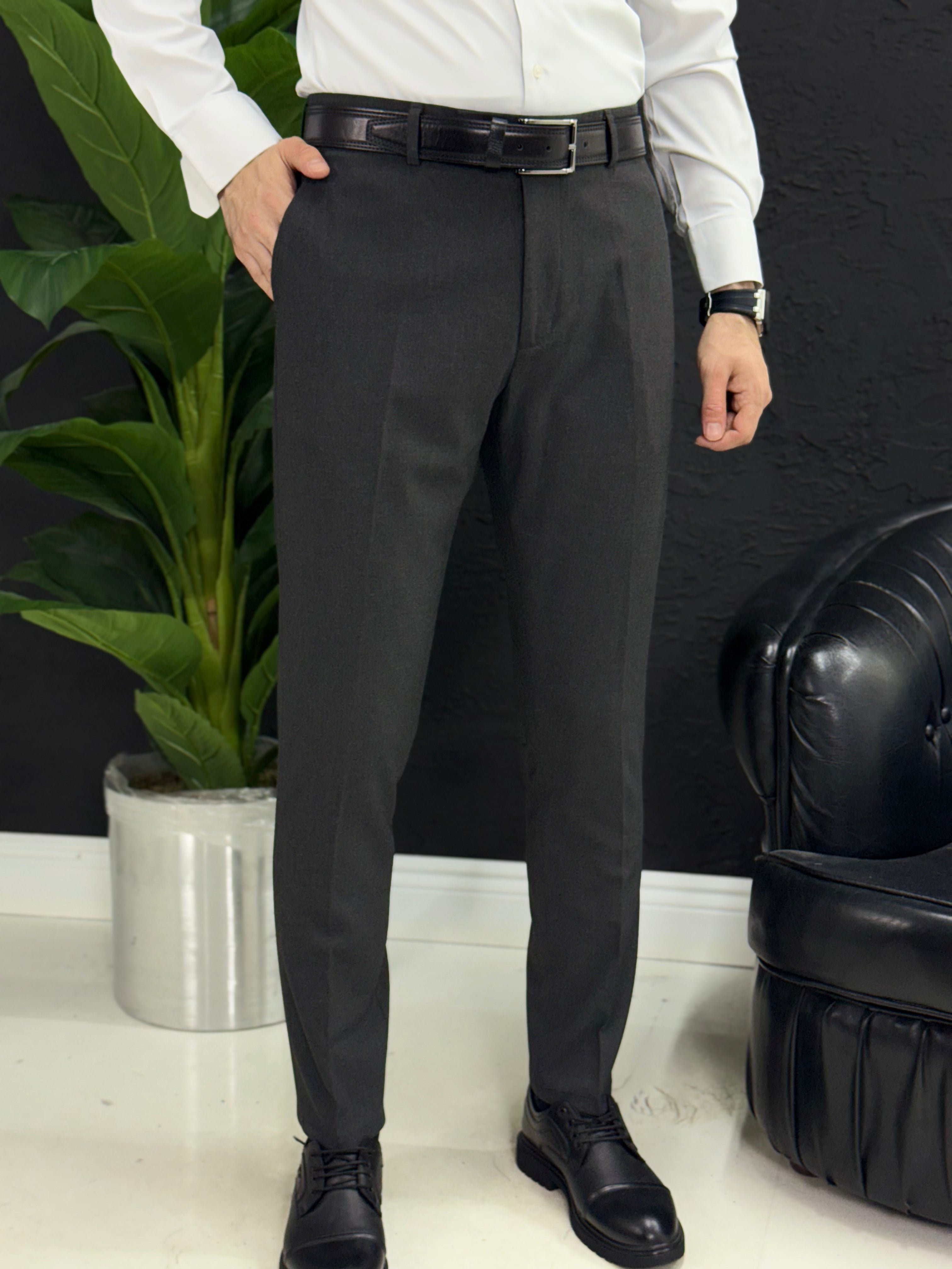 Kemersiz klasik kumaş pantolon kalıp Slim fit