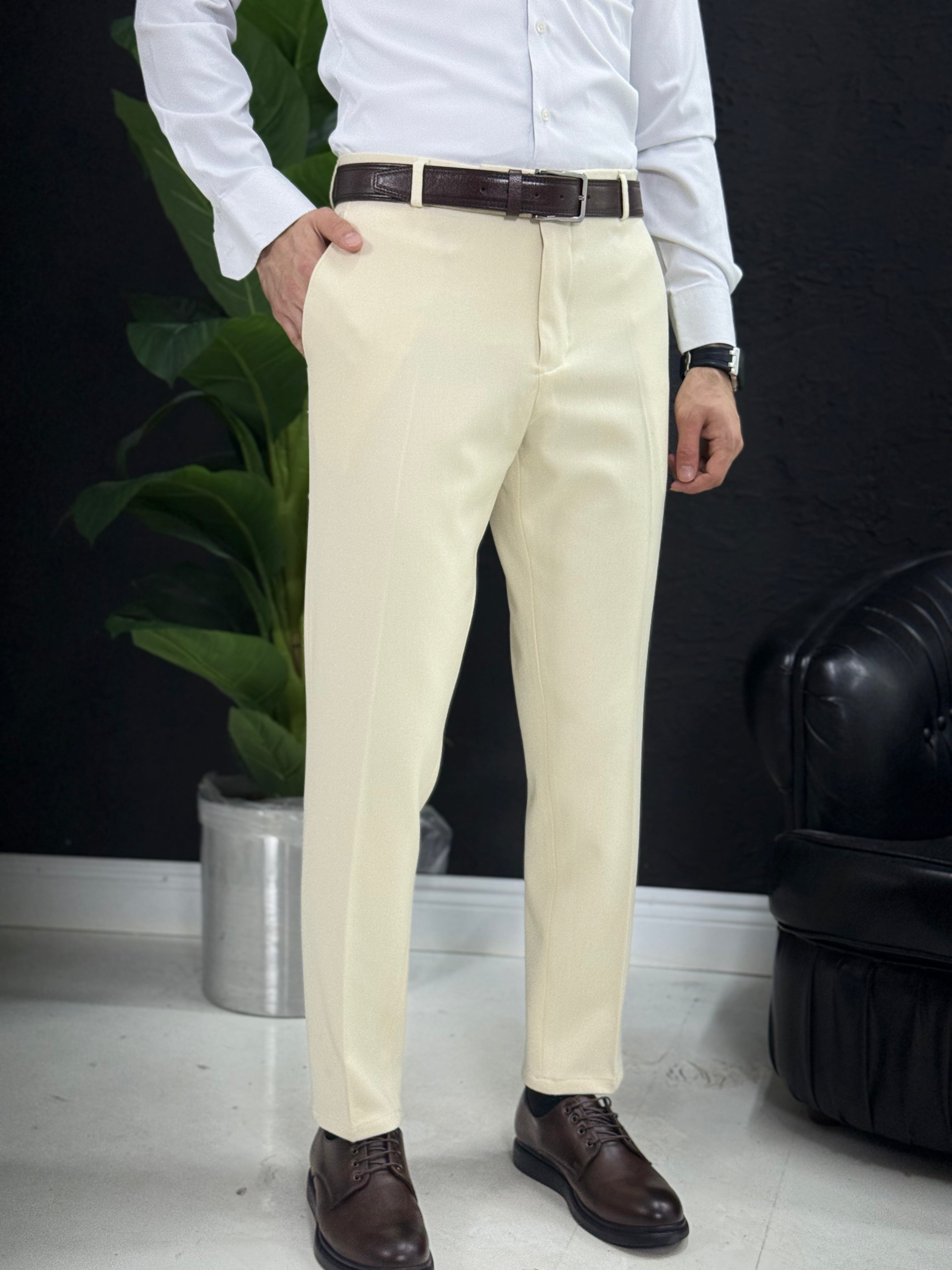 Kemersiz klasik kumaş pantolon kalıp Slim fit