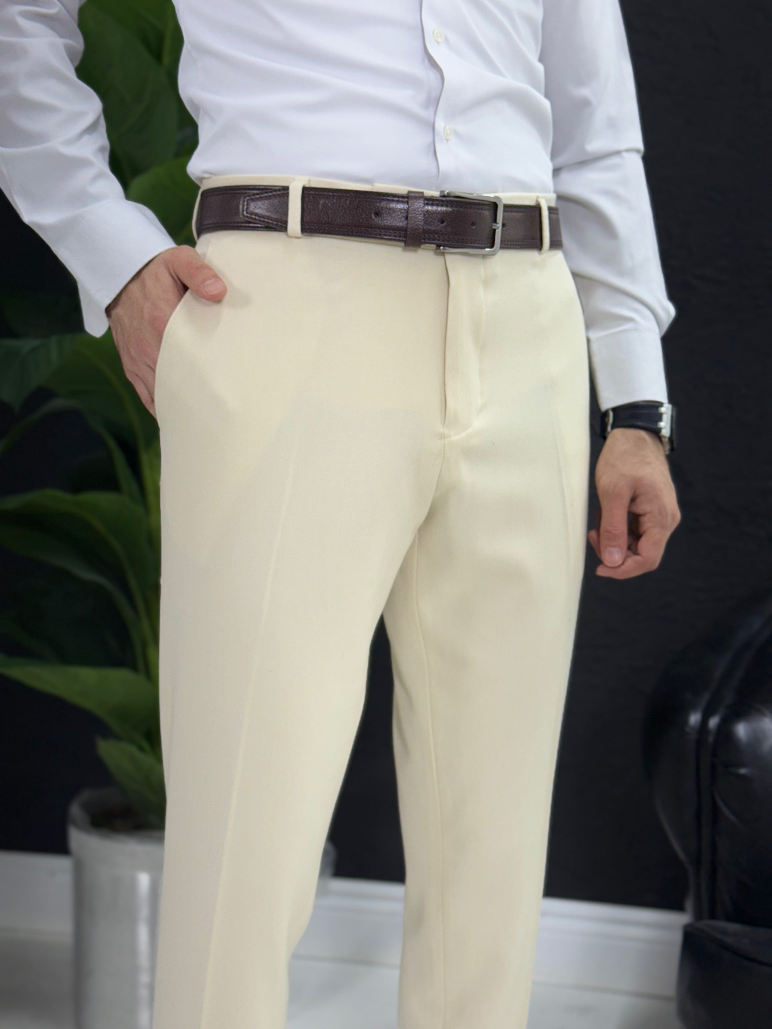 Kemersiz klasik kumaş pantolon kalıp Slim fit