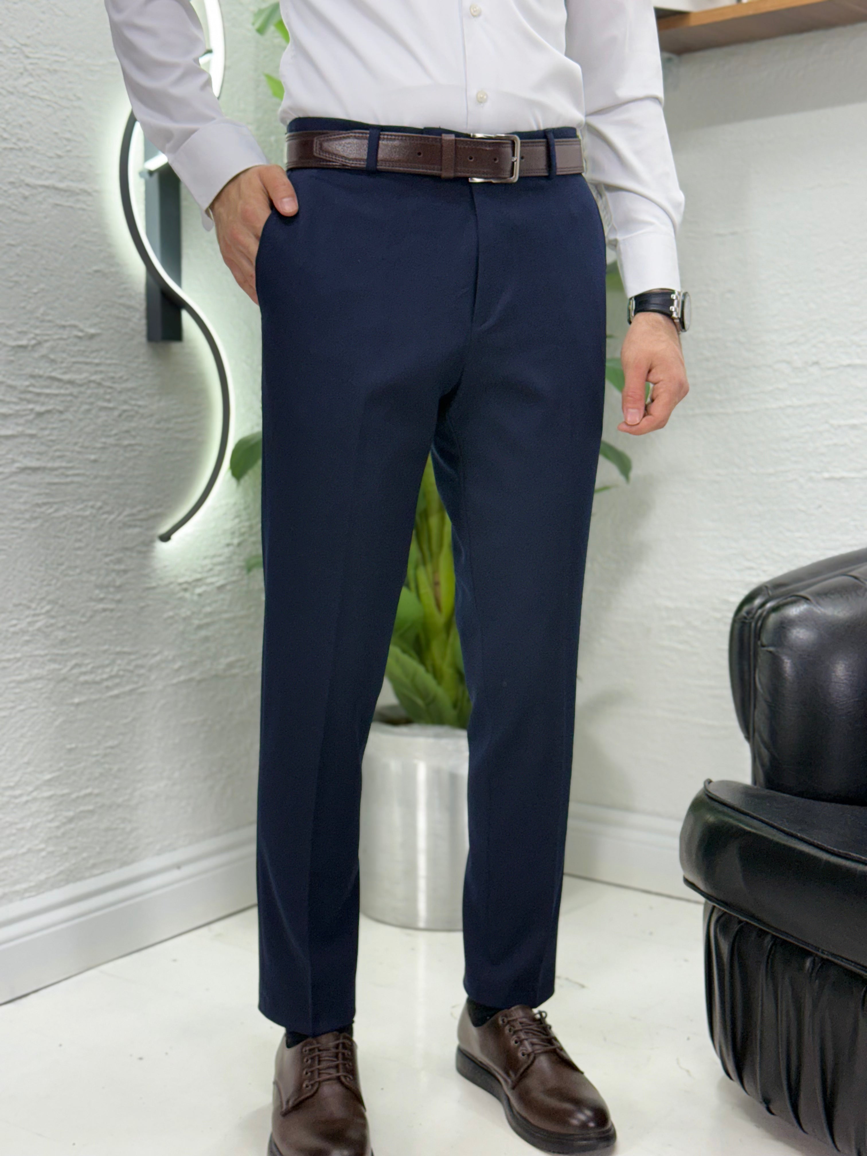 Kemersiz klasik kumaş pantolon kalıp Slim fit