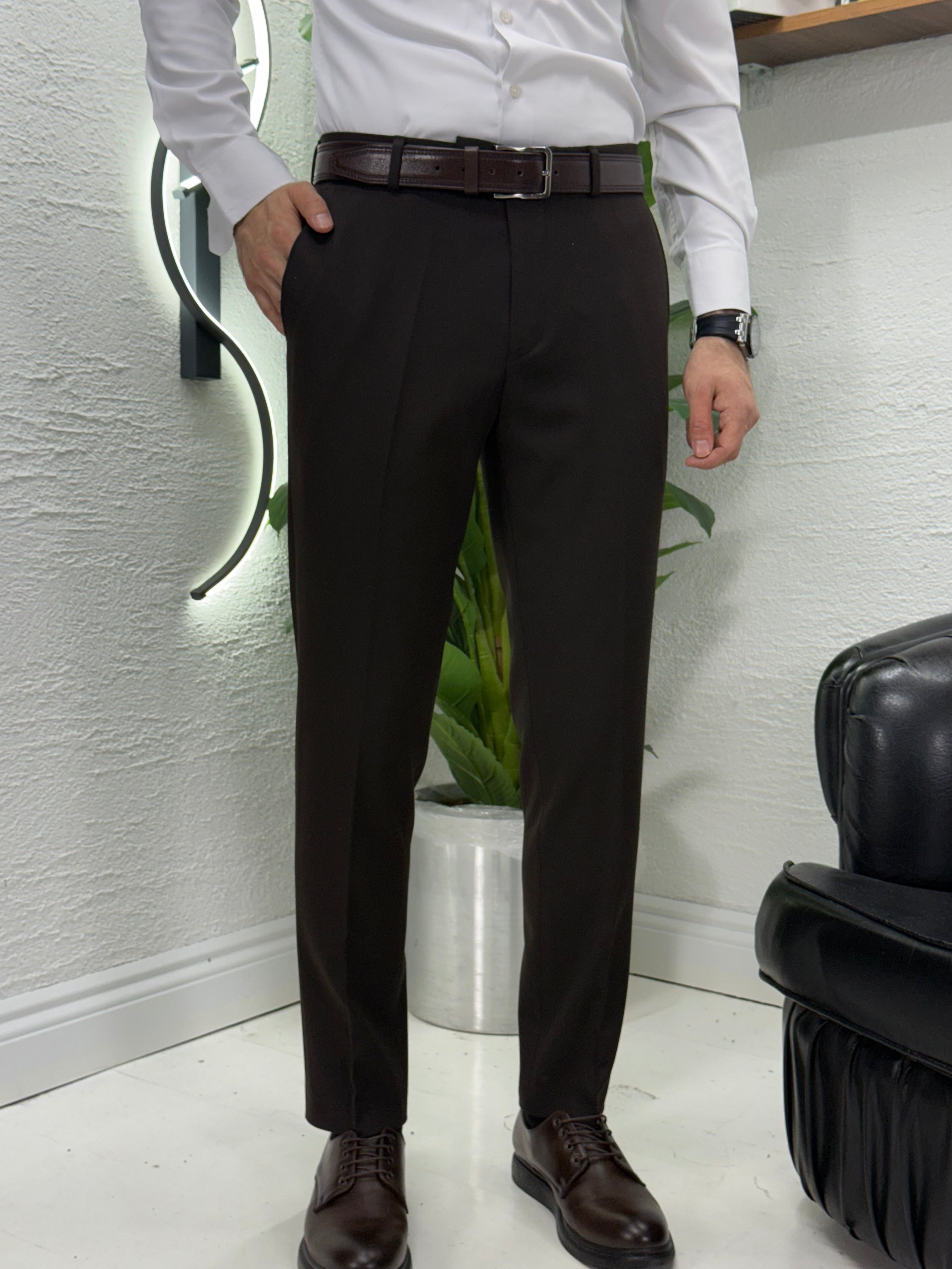 Kemersiz klasik kumaş pantolon kalıp Slim fit