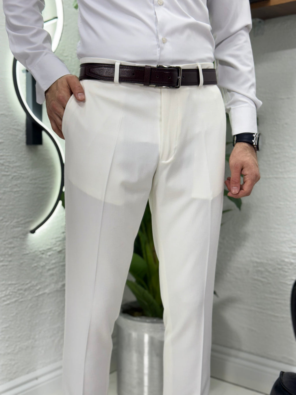 Kemersiz klasik kumaş pantolon kalıp Slim fit