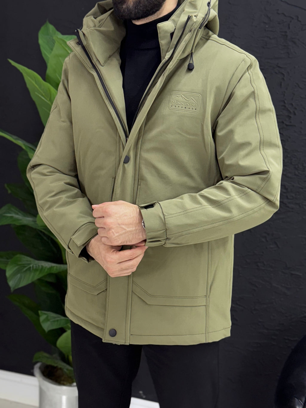 Yağmurlu mont kapşonlu içi full kapitone astar kalıp slim fit