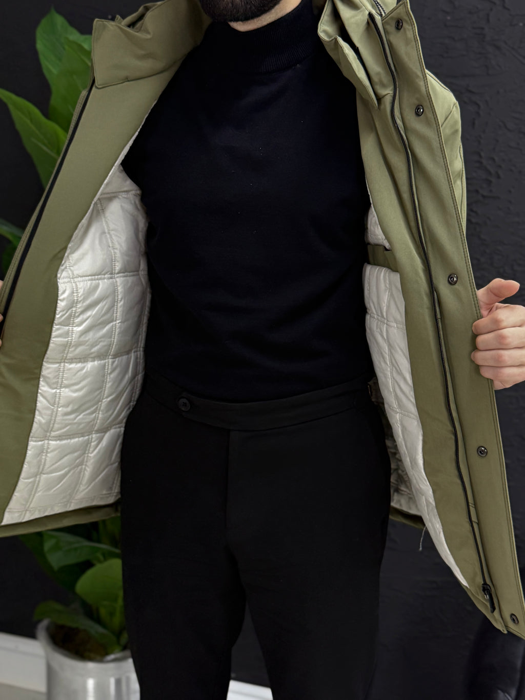 Yağmurlu mont kapşonlu içi full kapitone astar kalıp slim fit