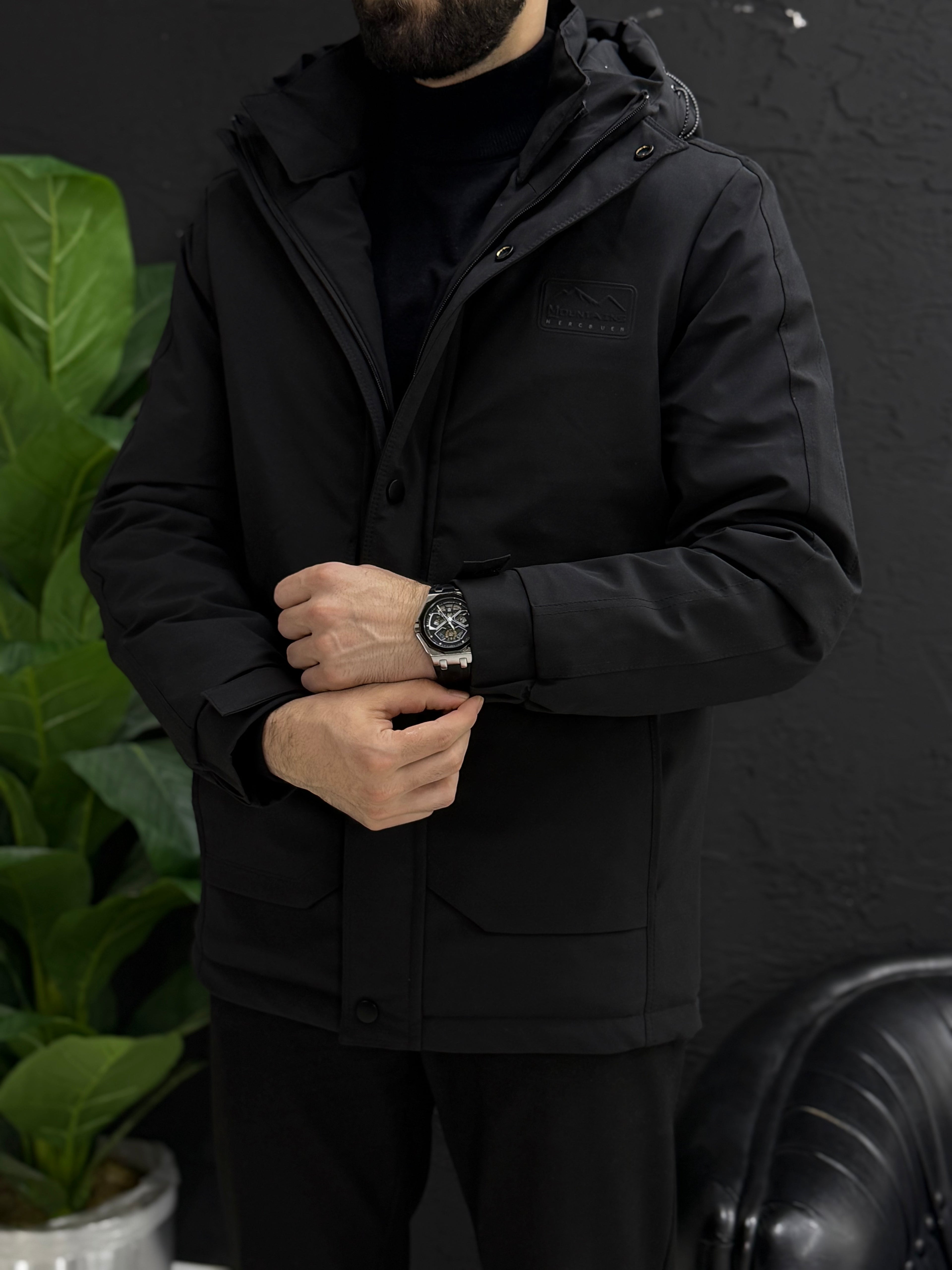 Yağmurlu mont kapşonlu içi full kapitone astar kalıp slim fit