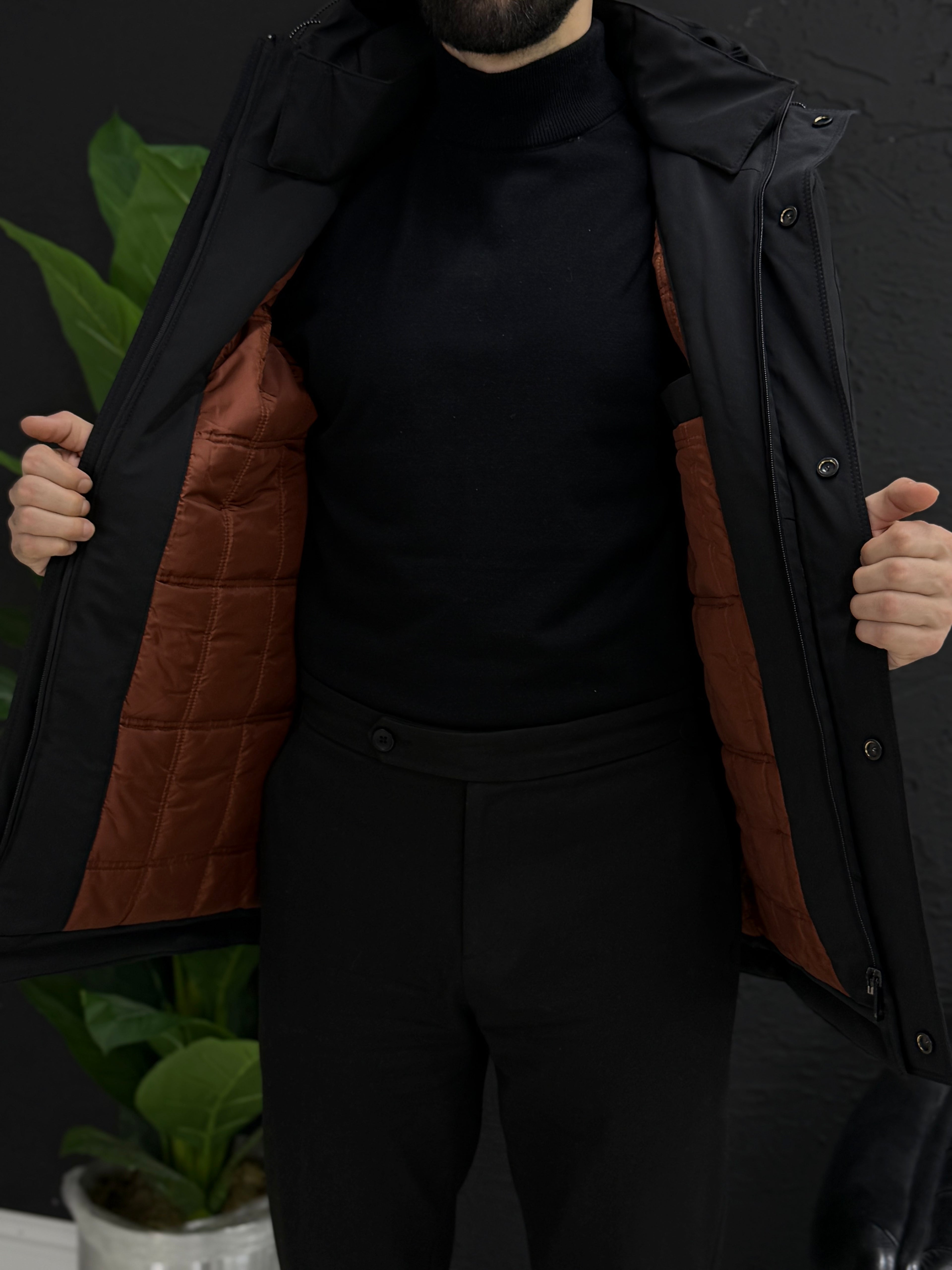 Yağmurlu mont kapşonlu içi full kapitone astar kalıp slim fit