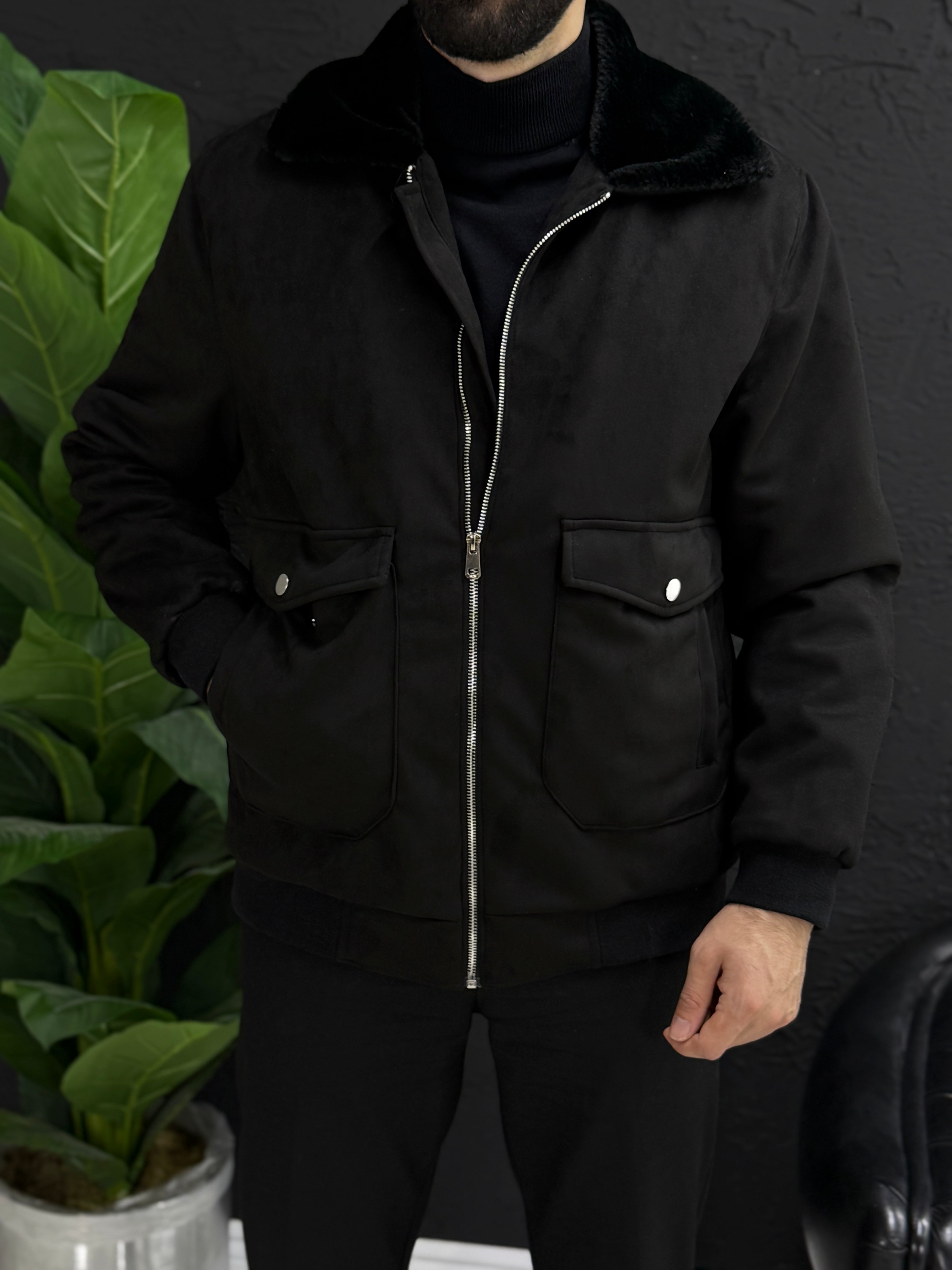 Yumuşak kadife mont yakası kürklü içi tamamen kürklü