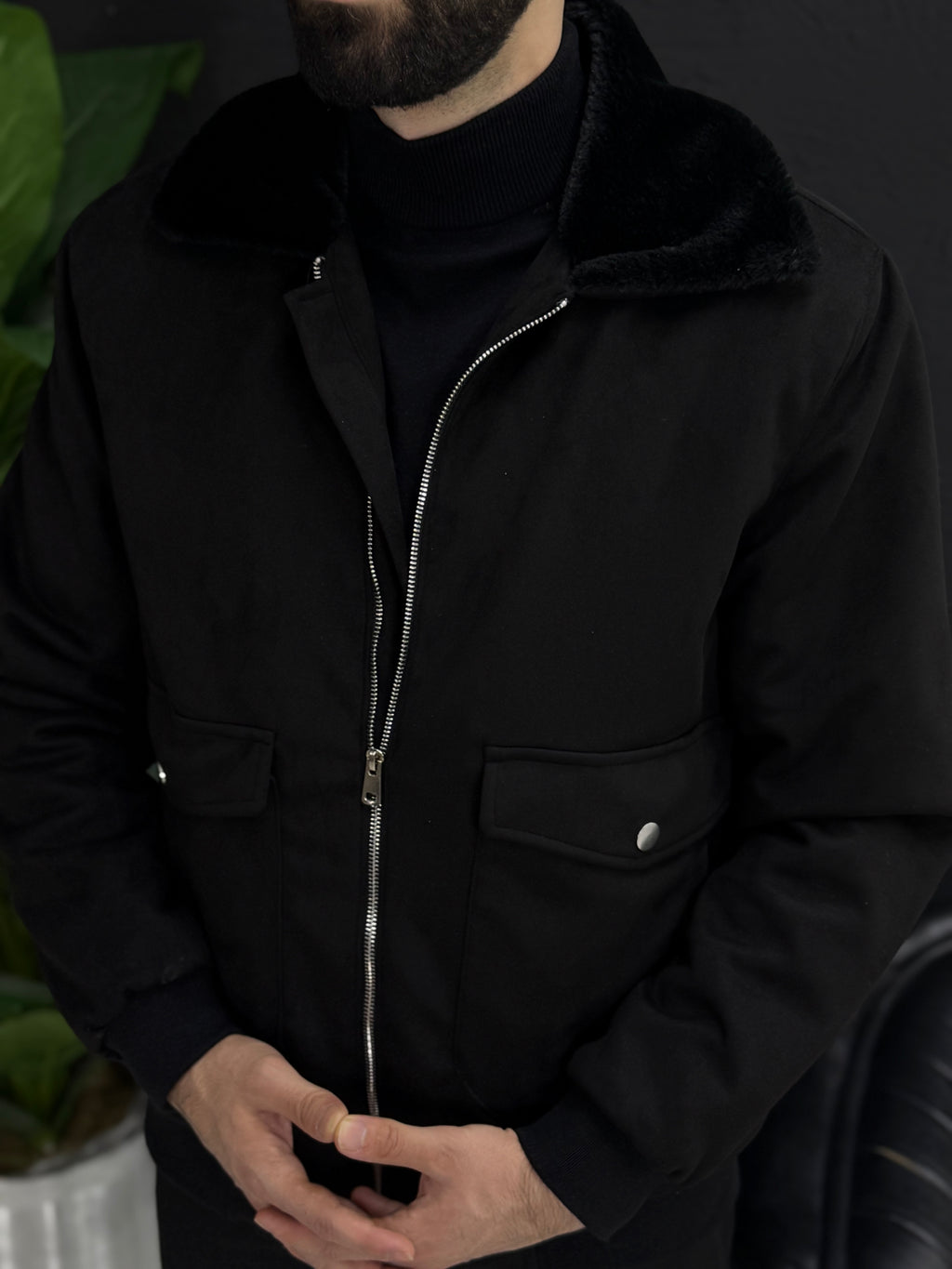 Yumuşak kadife mont yakası kürklü içi tamamen kürklü