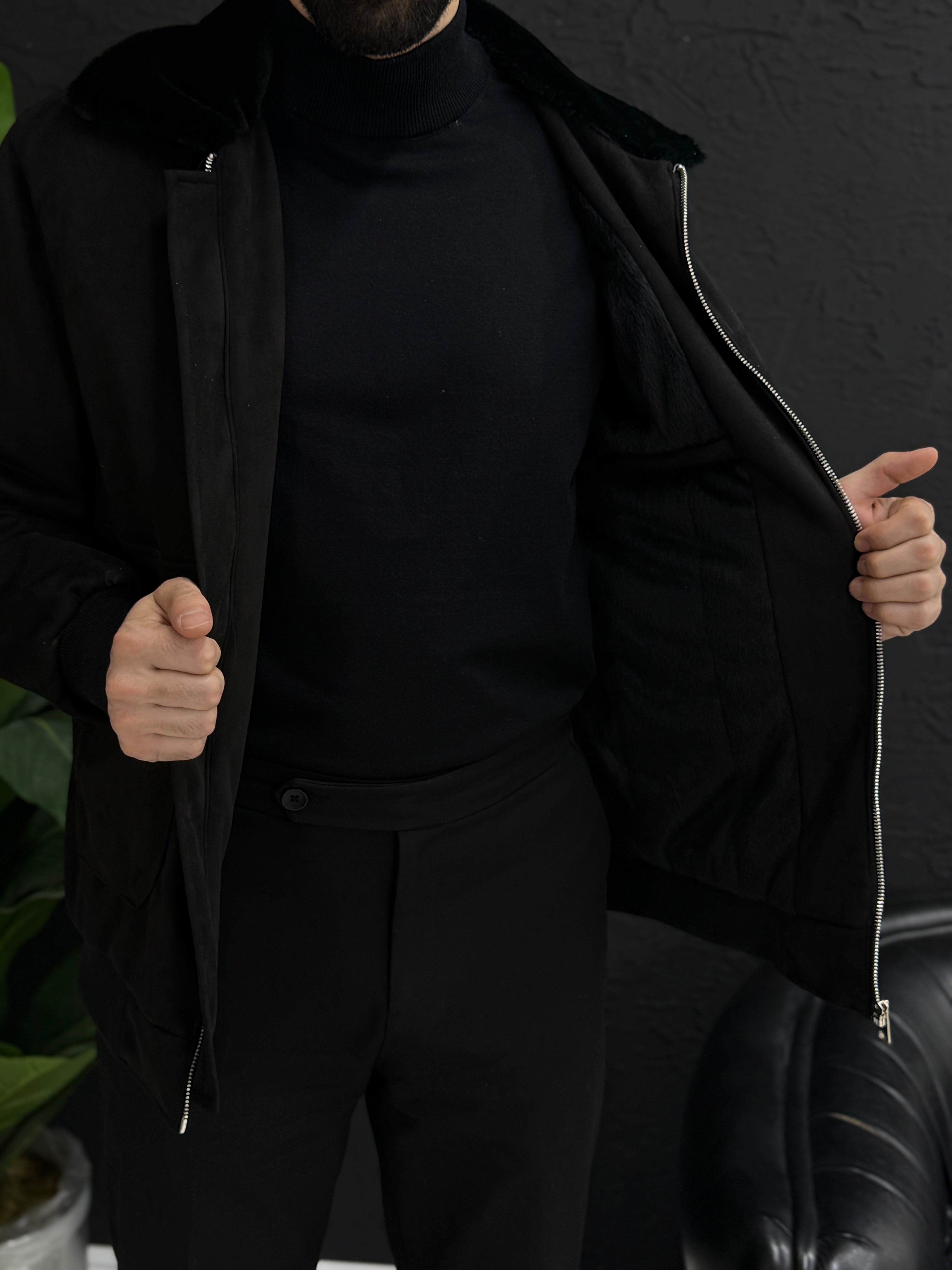 Yumuşak kadife mont yakası kürklü içi tamamen kürklü