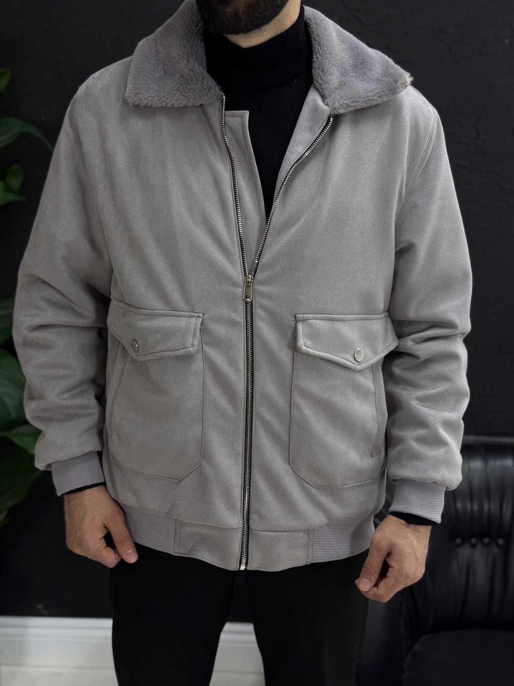 Yumuşak kadife mont yakası kürklü içi tamamen kürklü