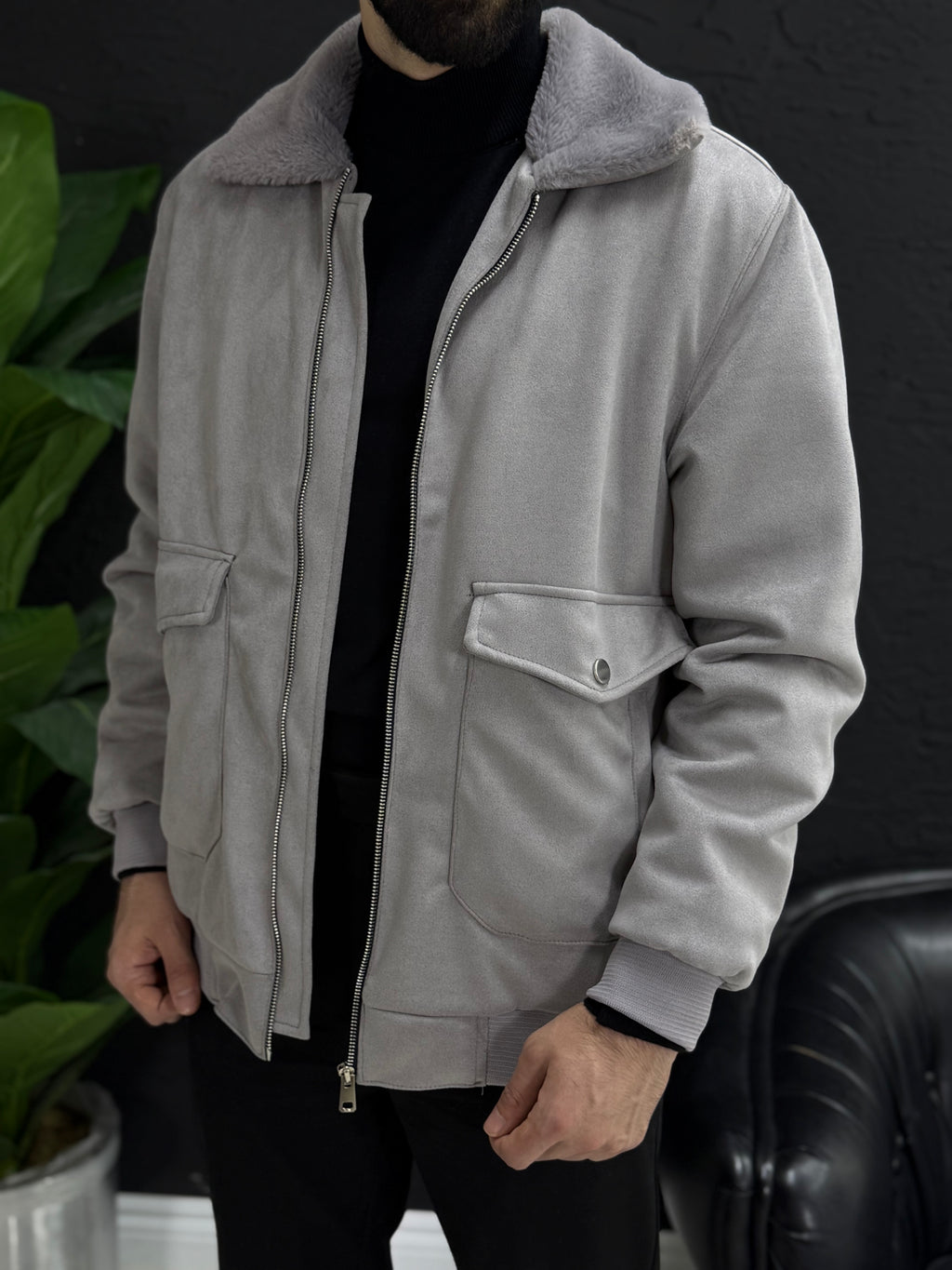 Yumuşak kadife mont yakası kürklü içi tamamen kürklü