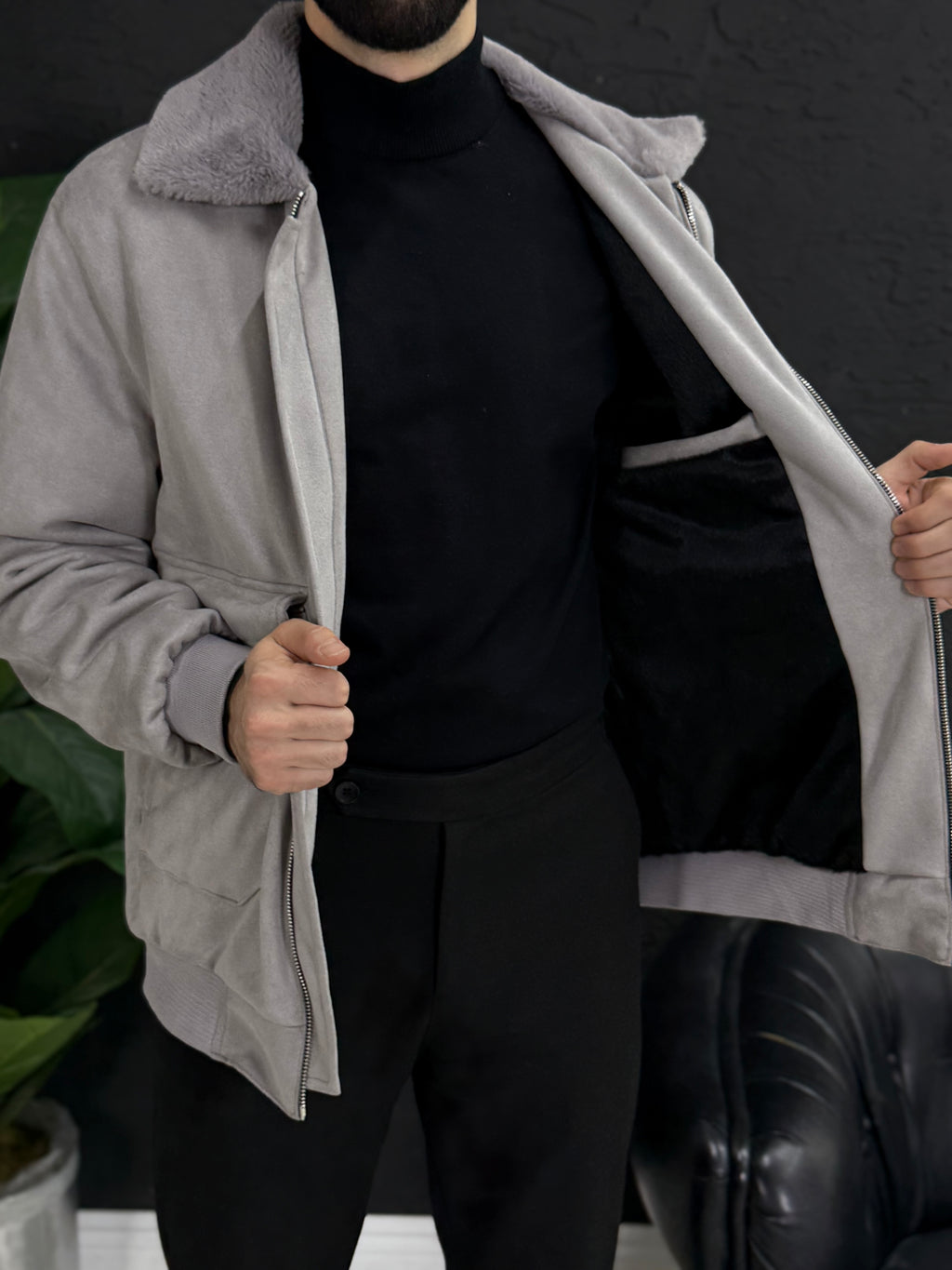 Yumuşak kadife mont yakası kürklü içi tamamen kürklü