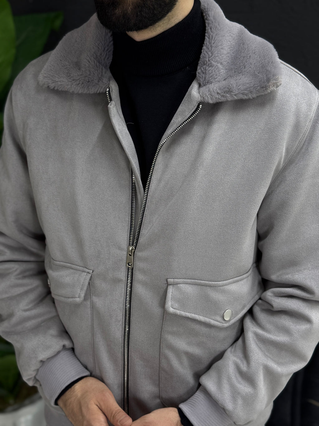 Yumuşak kadife mont yakası kürklü içi tamamen kürklü