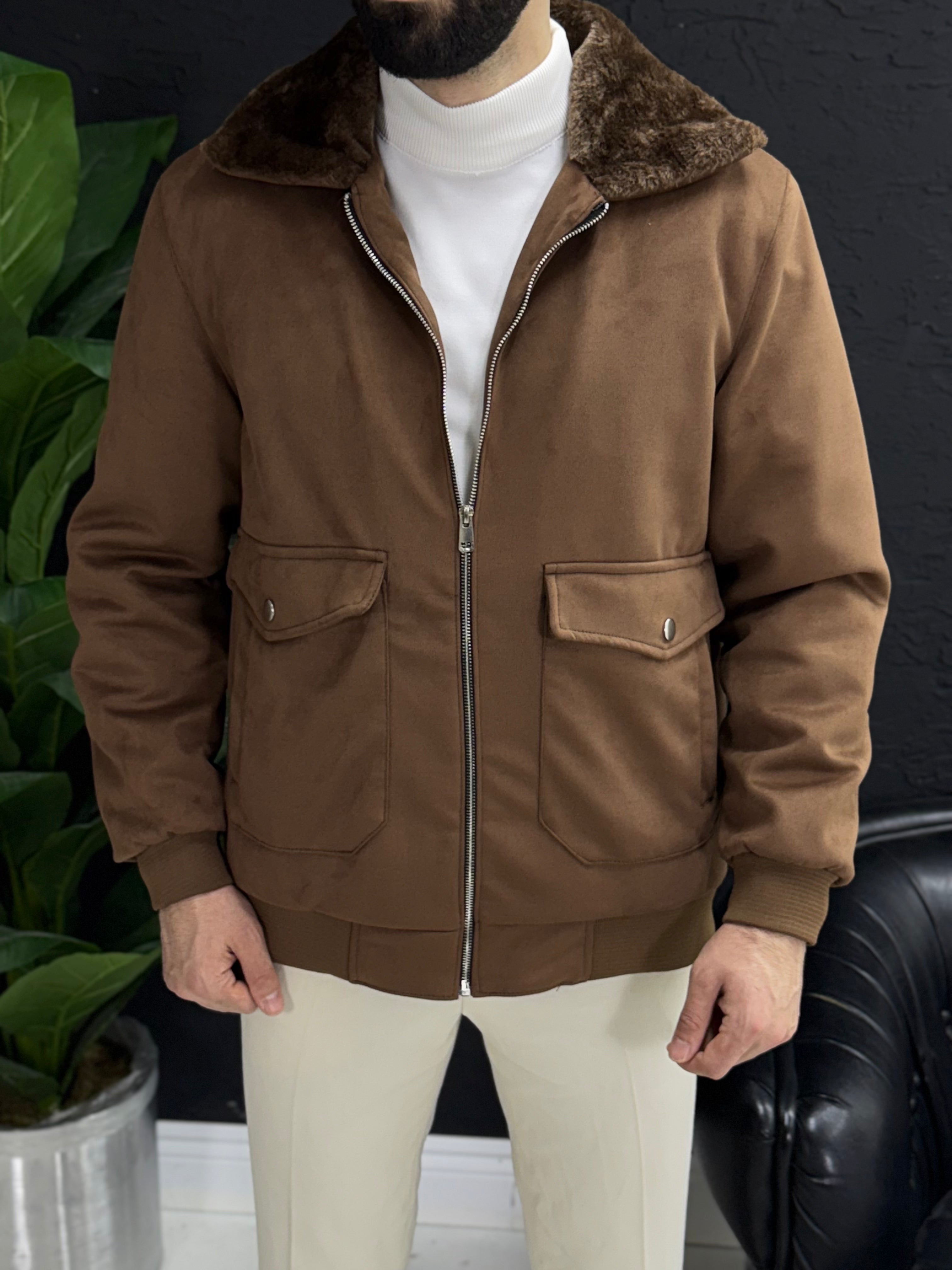 Yumuşak kadife mont yakası kürklü içi tamamen kürklü