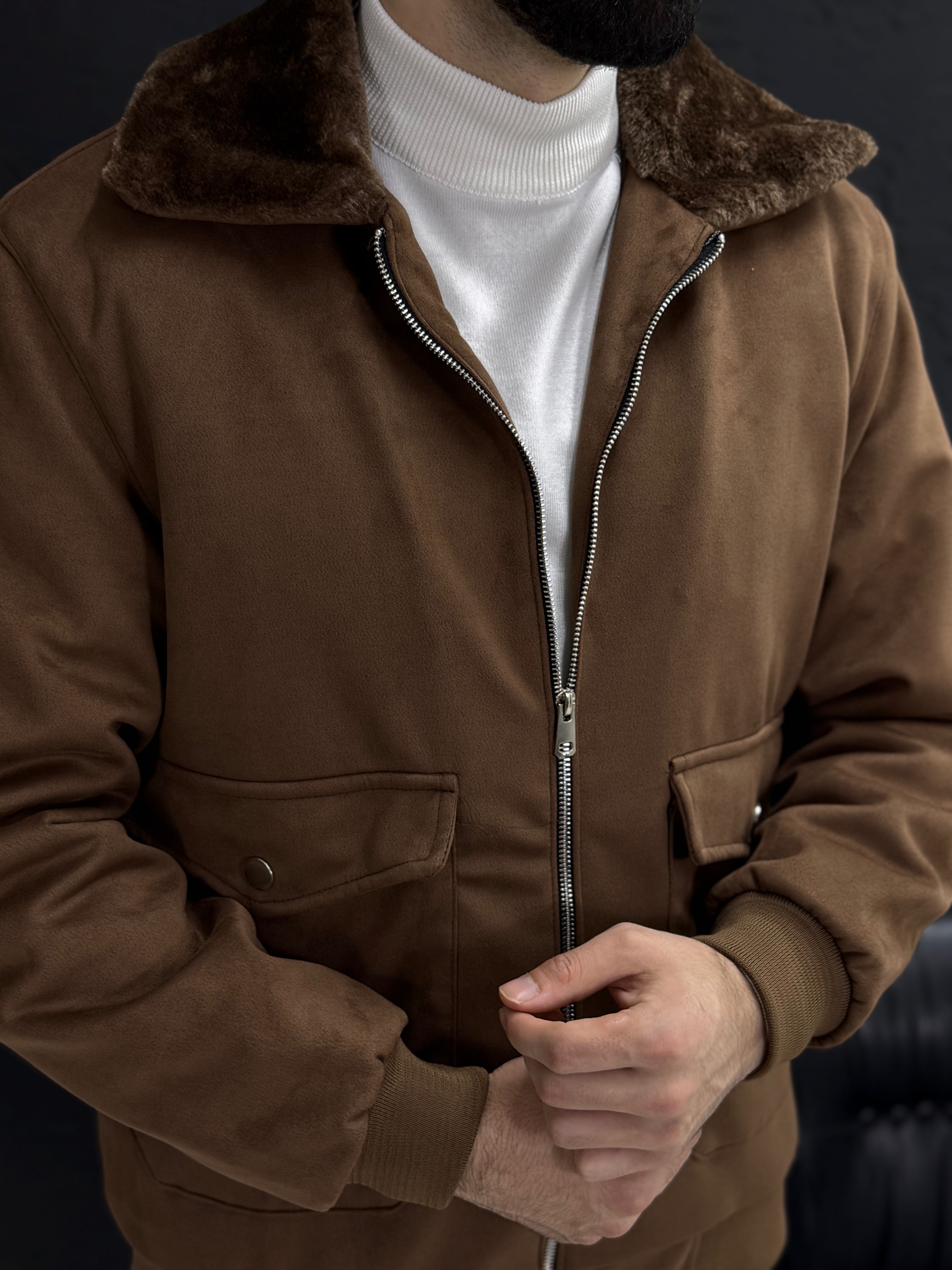 Yumuşak kadife mont yakası kürklü içi tamamen kürklü