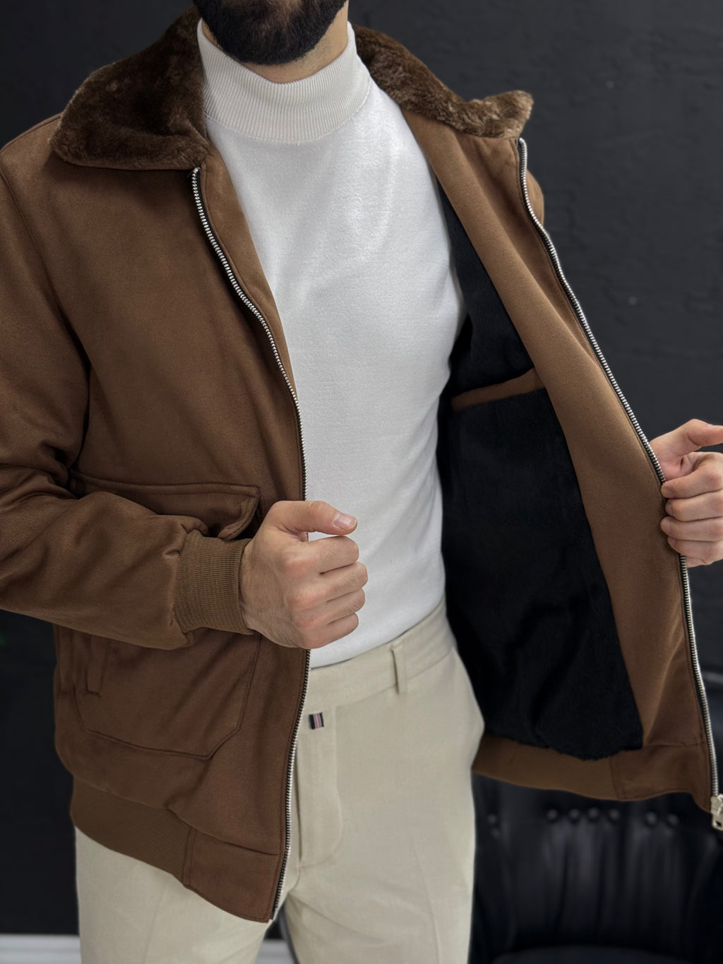 Yumuşak kadife mont yakası kürklü içi tamamen kürklü