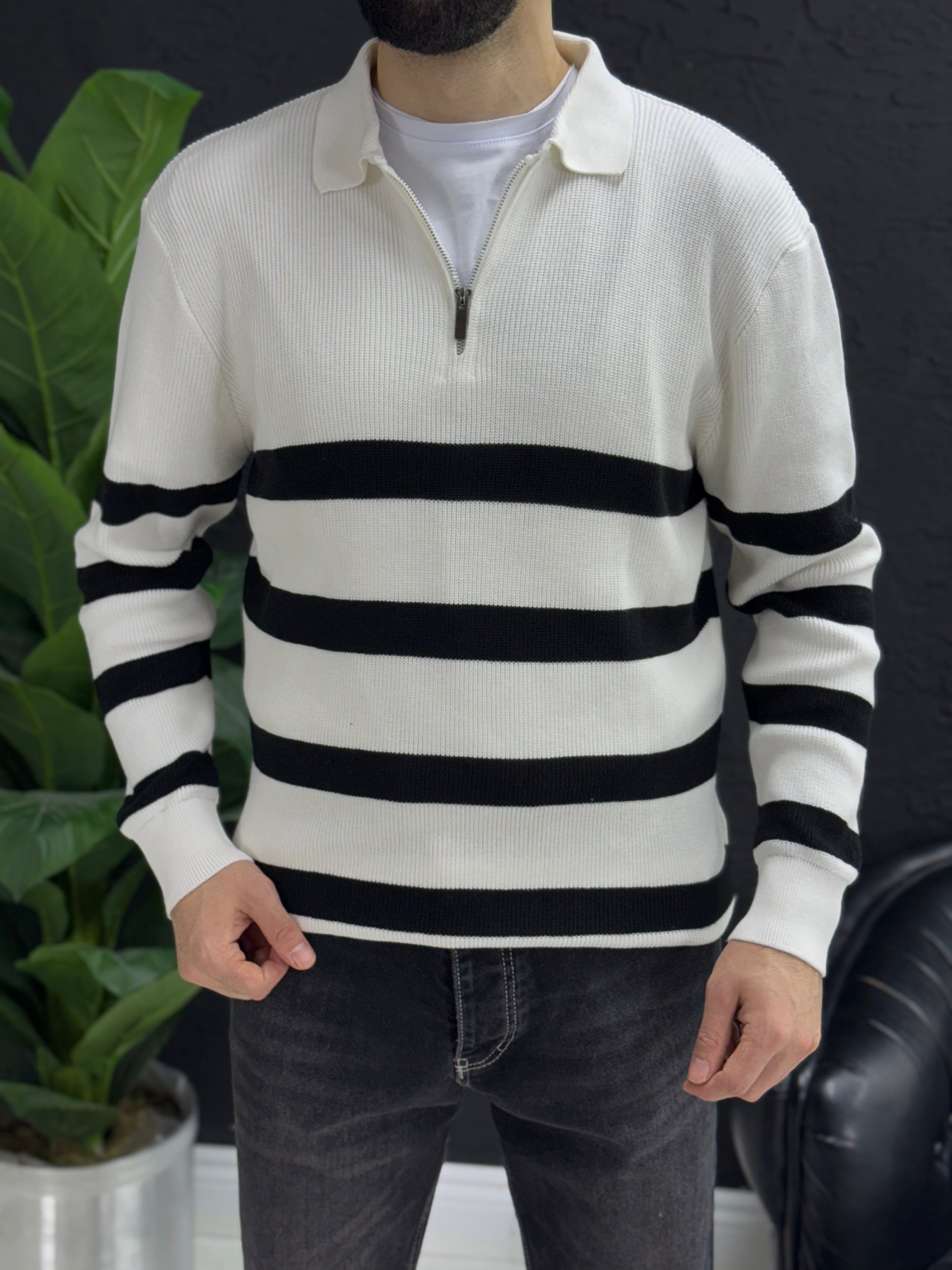 Çizgili Polo yaka triko kumaş kalıbı yarım Oversıze