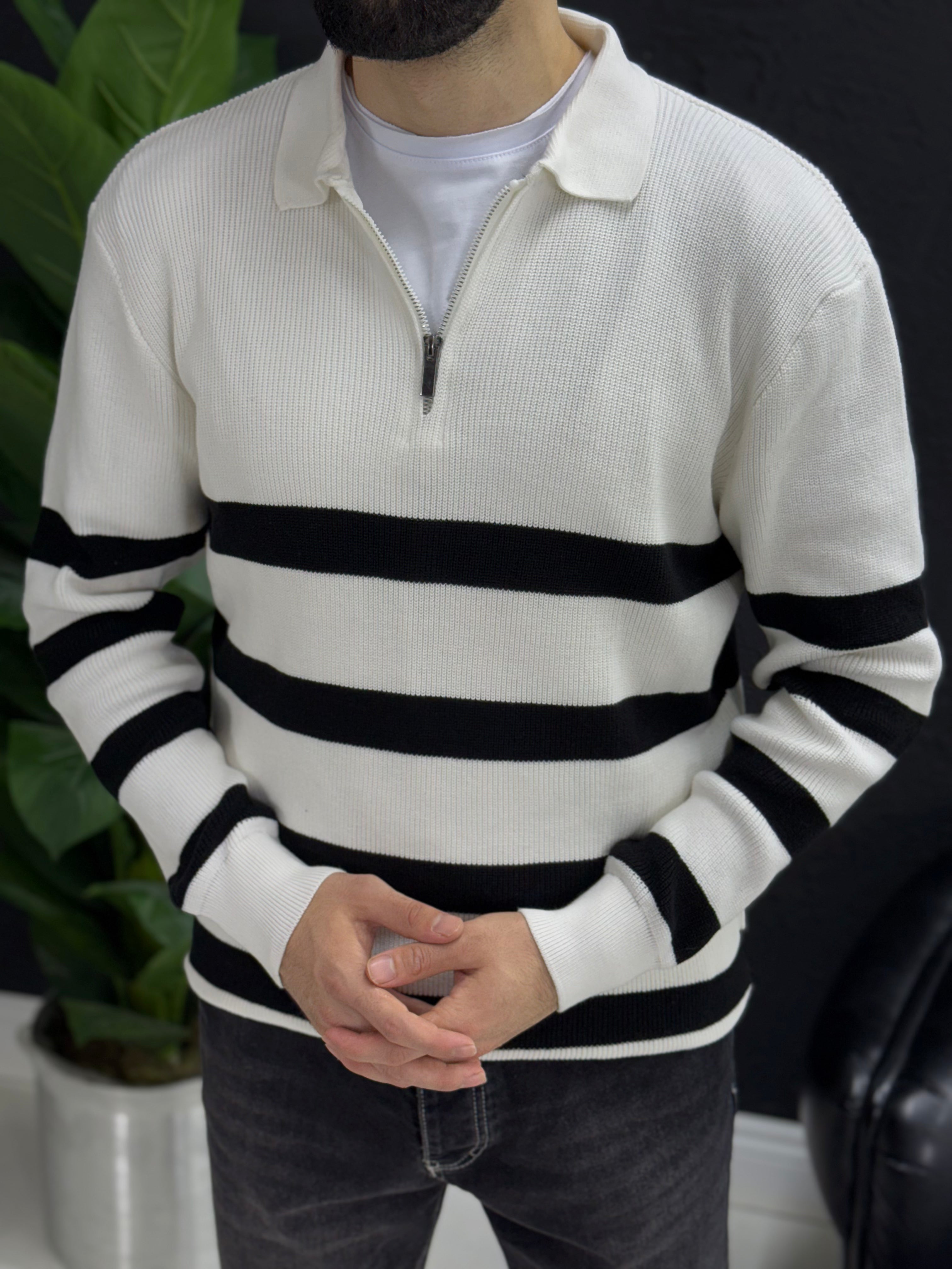 Çizgili Polo yaka triko kumaş kalıbı yarım Oversıze