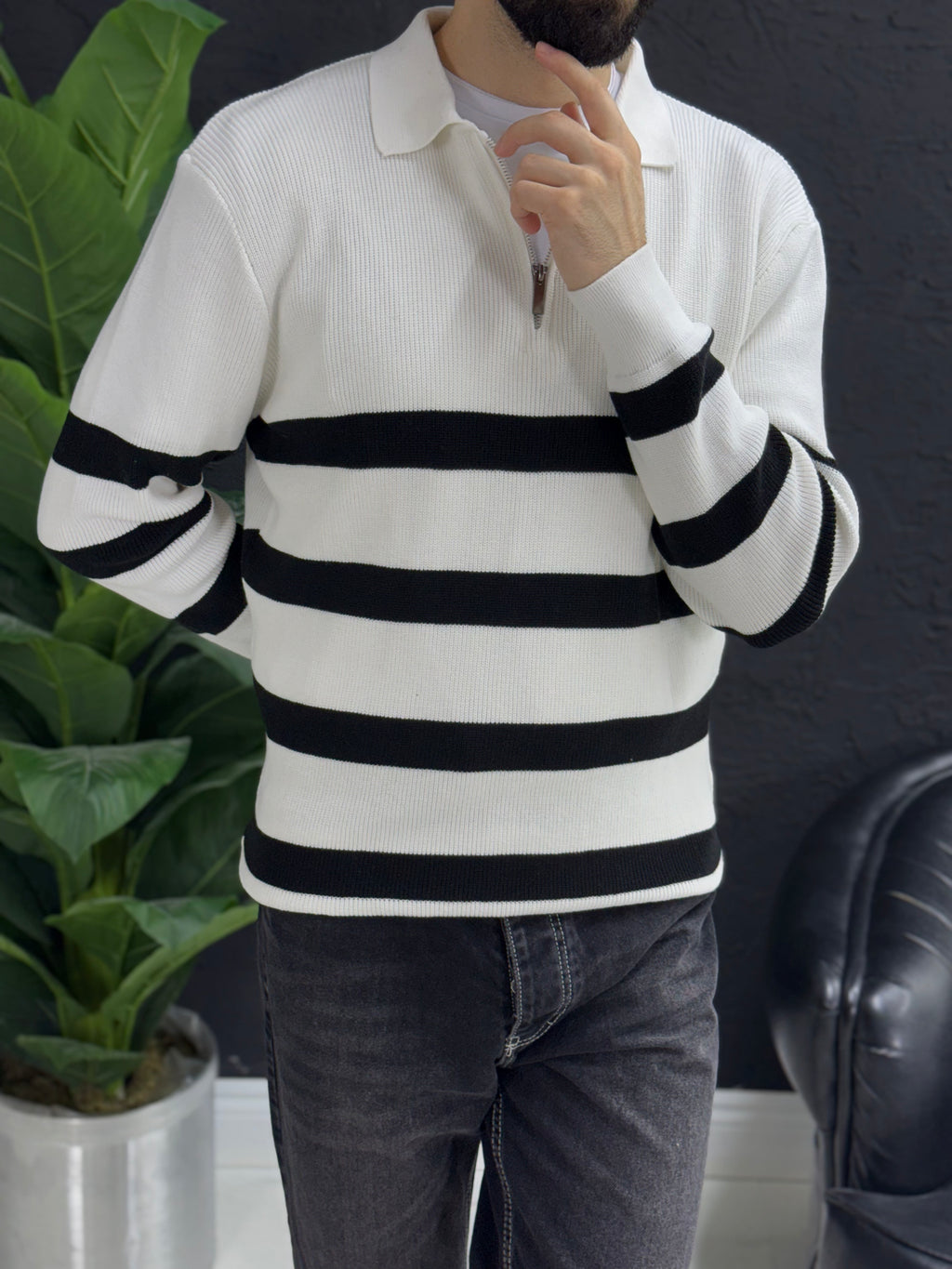 Çizgili Polo yaka triko kumaş kalıbı yarım Oversıze