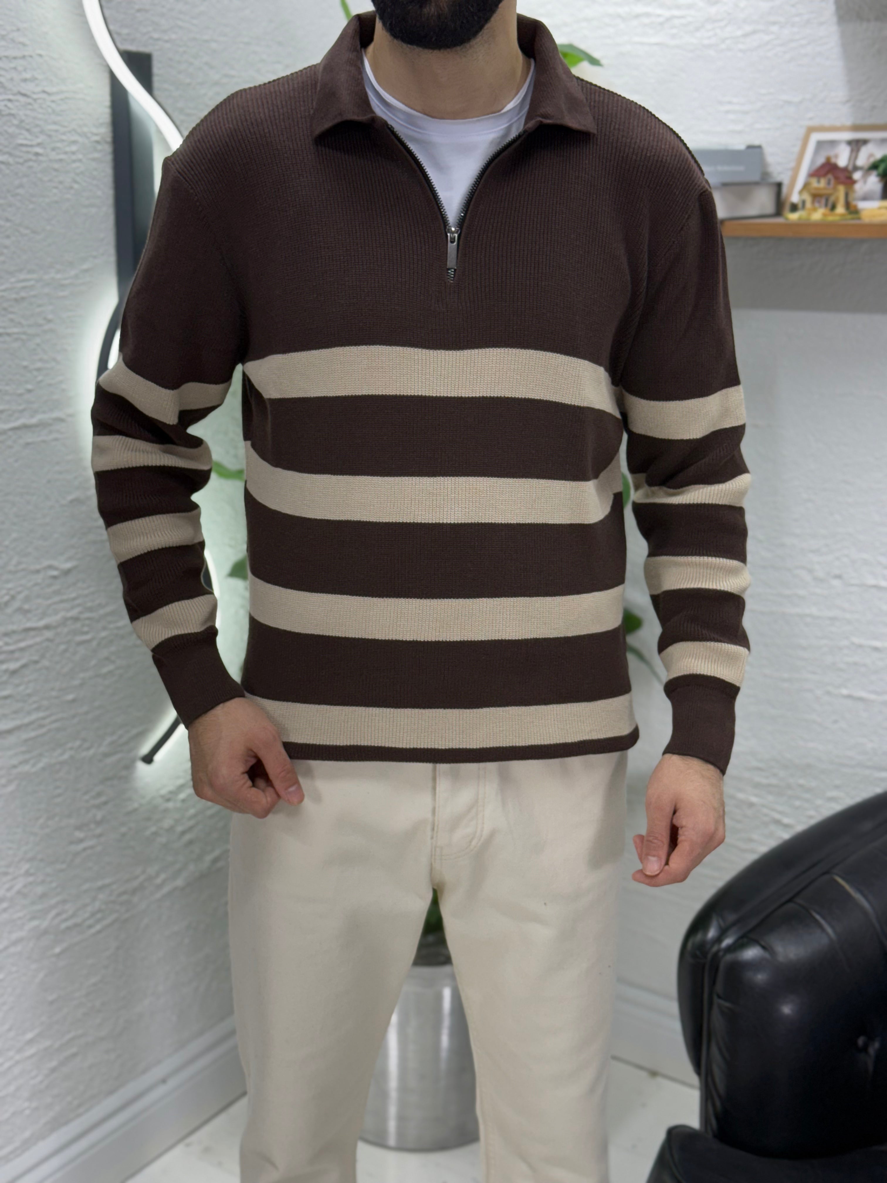 Çizgili Polo yaka triko kumaş kalıbı yarım Oversıze