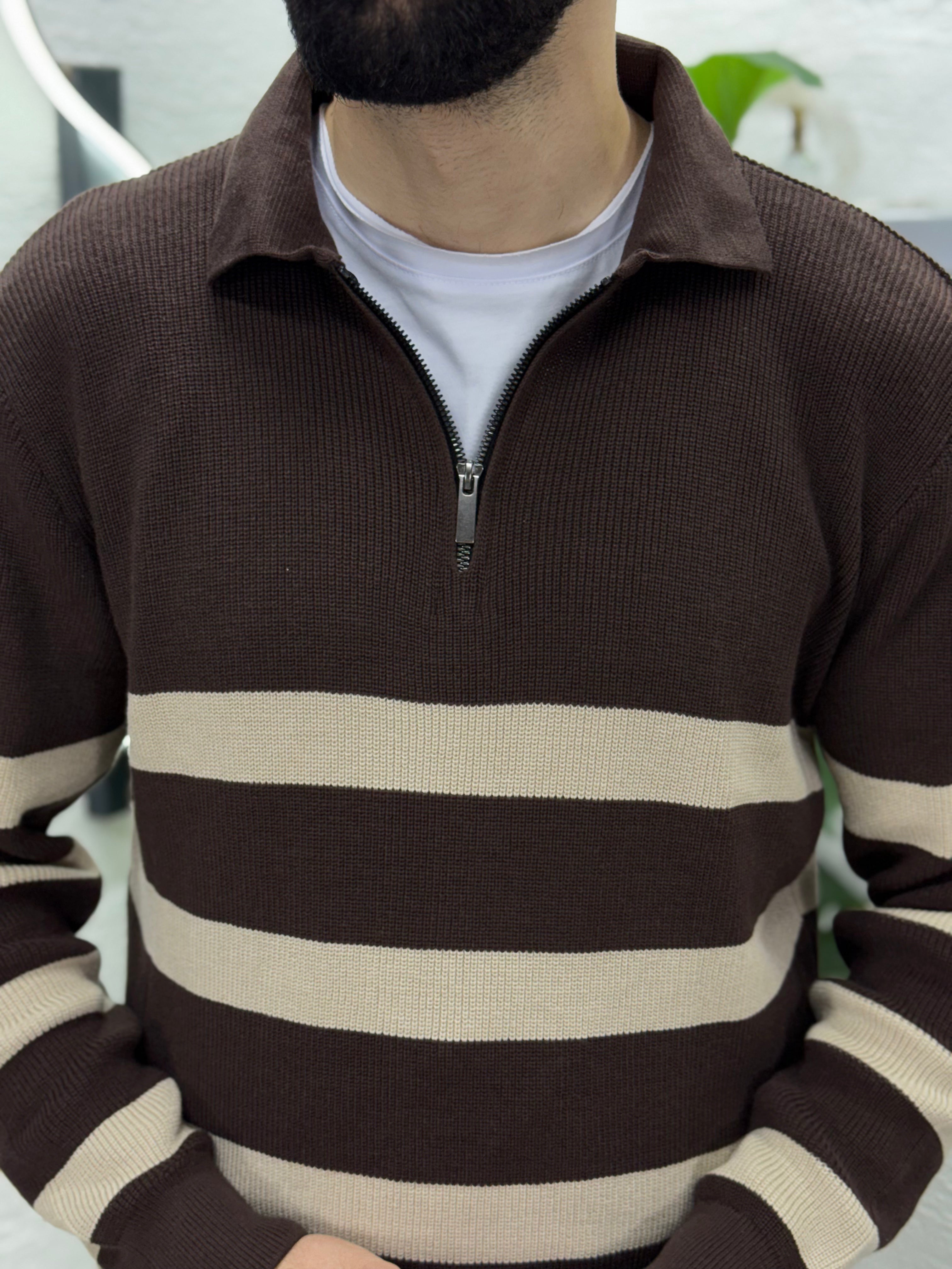 Çizgili Polo yaka triko kumaş kalıbı yarım Oversıze