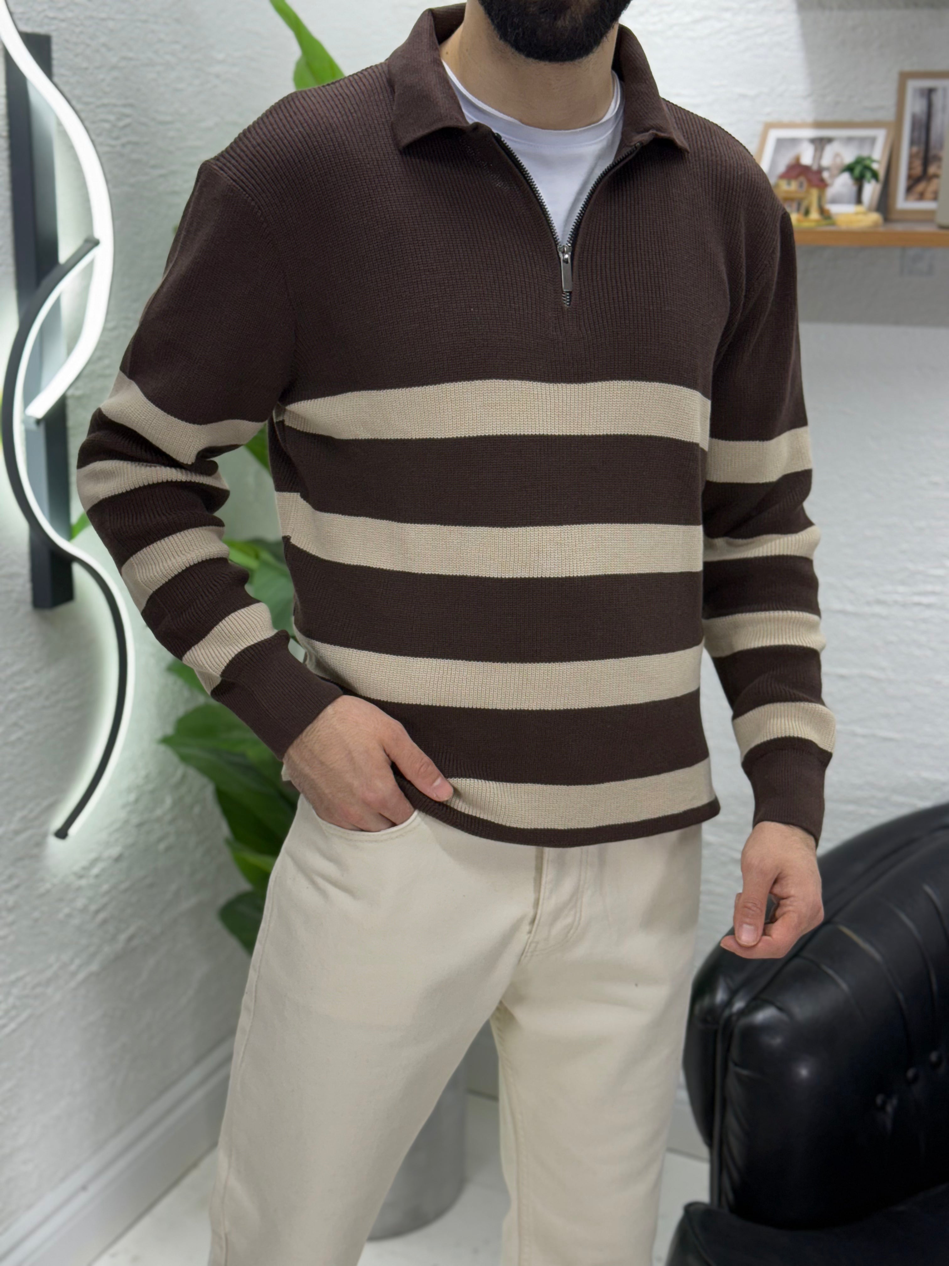 Çizgili Polo yaka triko kumaş kalıbı yarım Oversıze