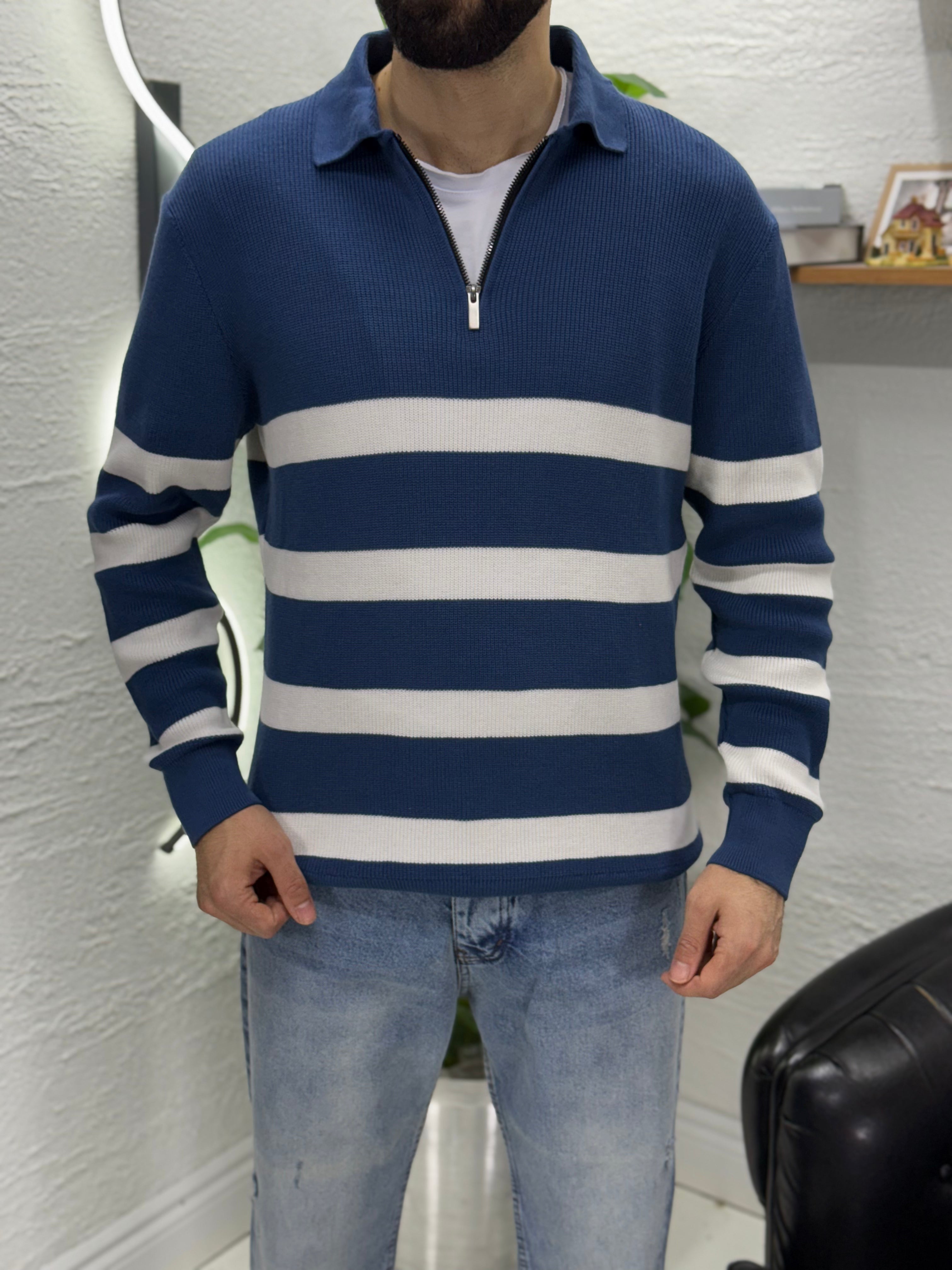 Çizgili Polo yaka triko kumaş kalıbı yarım Oversıze