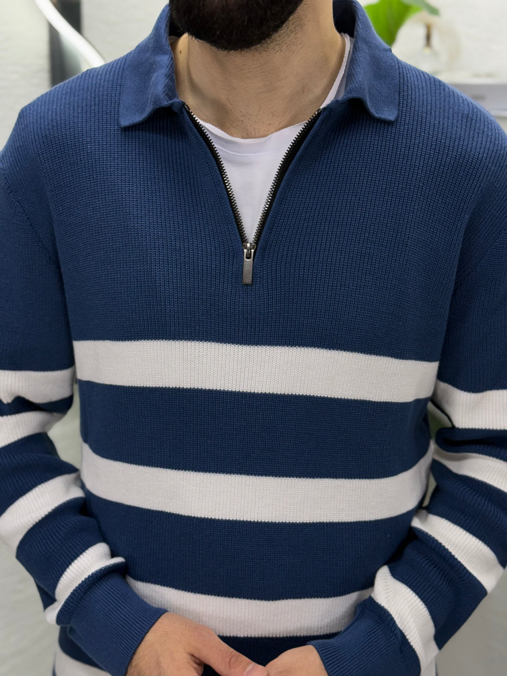 Çizgili Polo yaka triko kumaş kalıbı yarım Oversıze