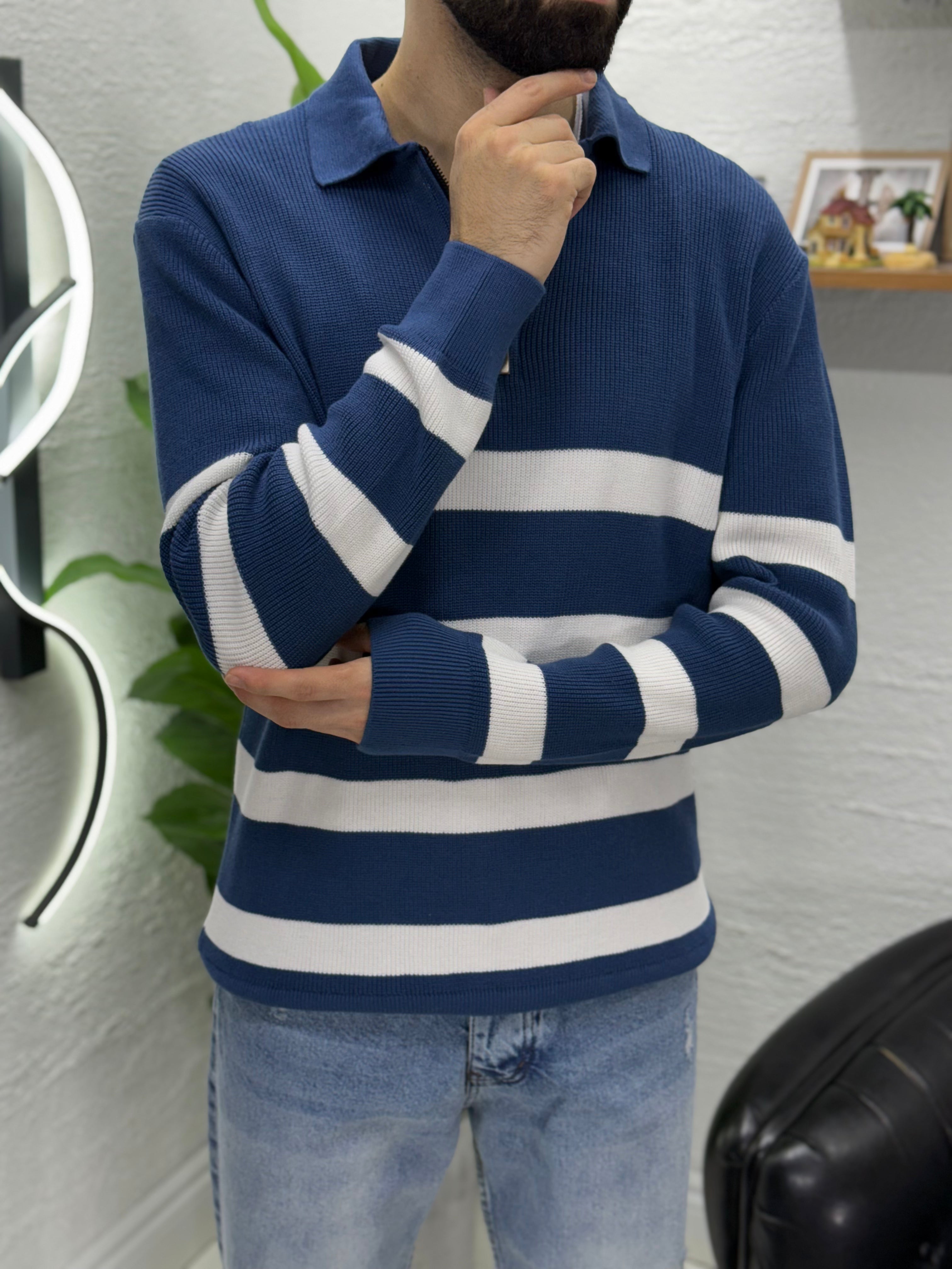 Çizgili Polo yaka triko kumaş kalıbı yarım Oversıze