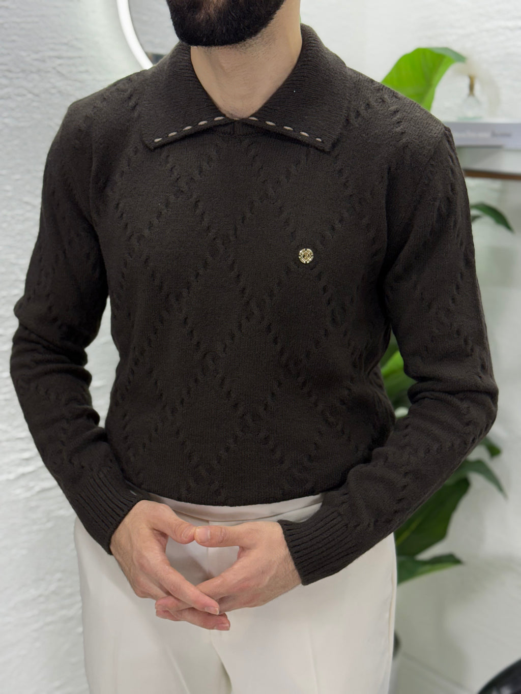%100 yün kumaş Polo yaka kendinden desenli