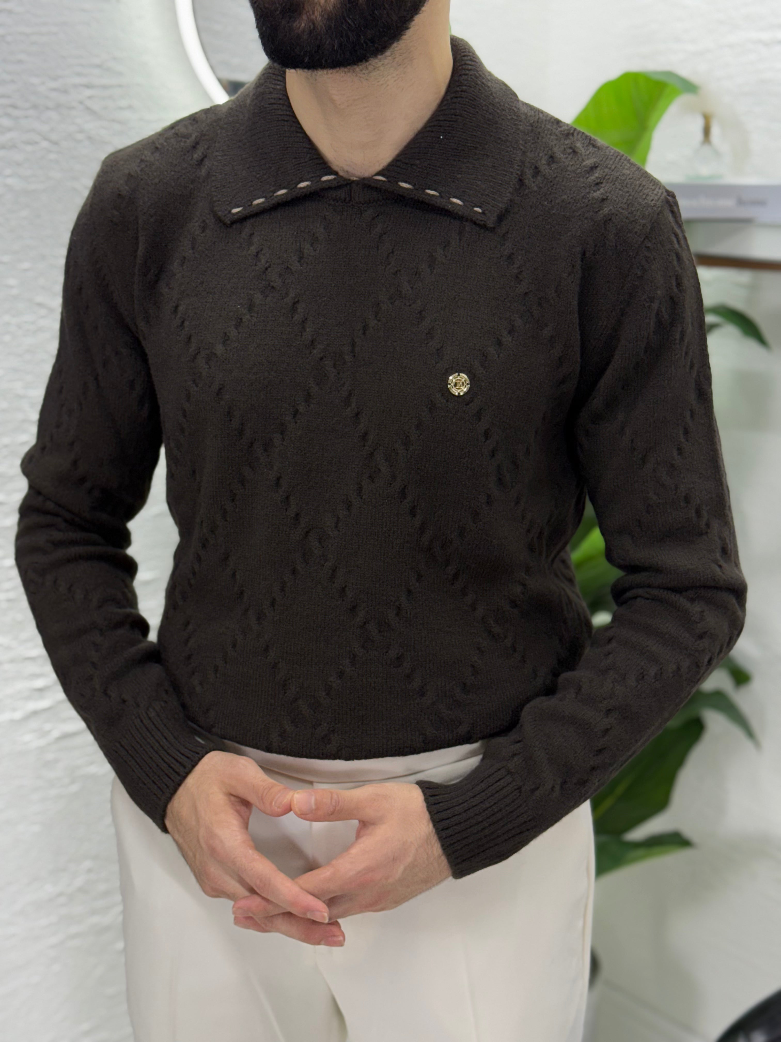 %100 yün kumaş Polo yaka kendinden desenli