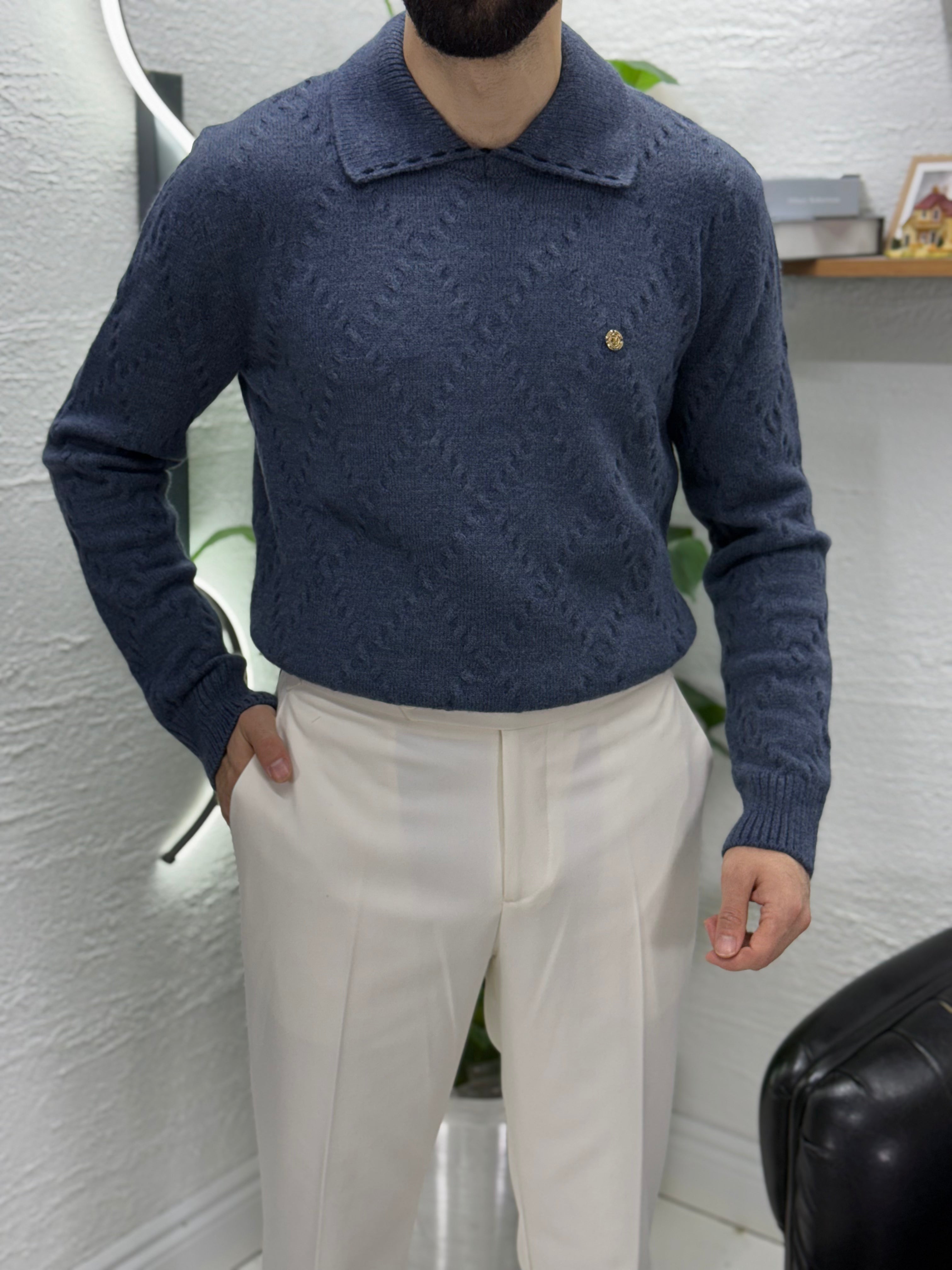 %100 yün kumaş Polo yaka kendinden desenli