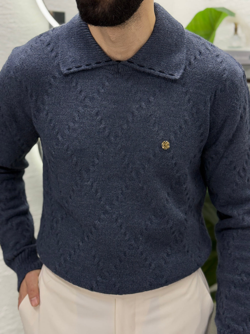 %100 yün kumaş Polo yaka kendinden desenli