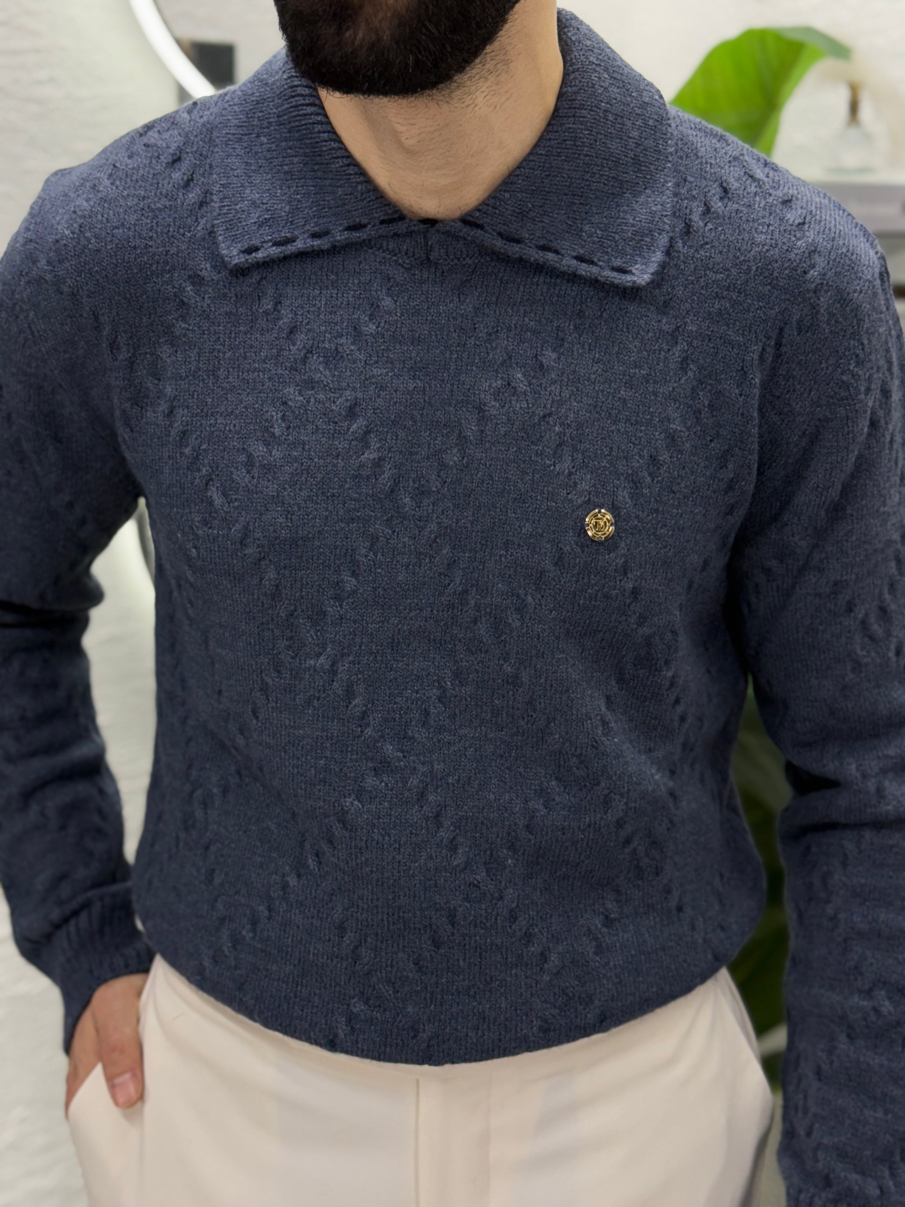 %100 yün kumaş Polo yaka kendinden desenli