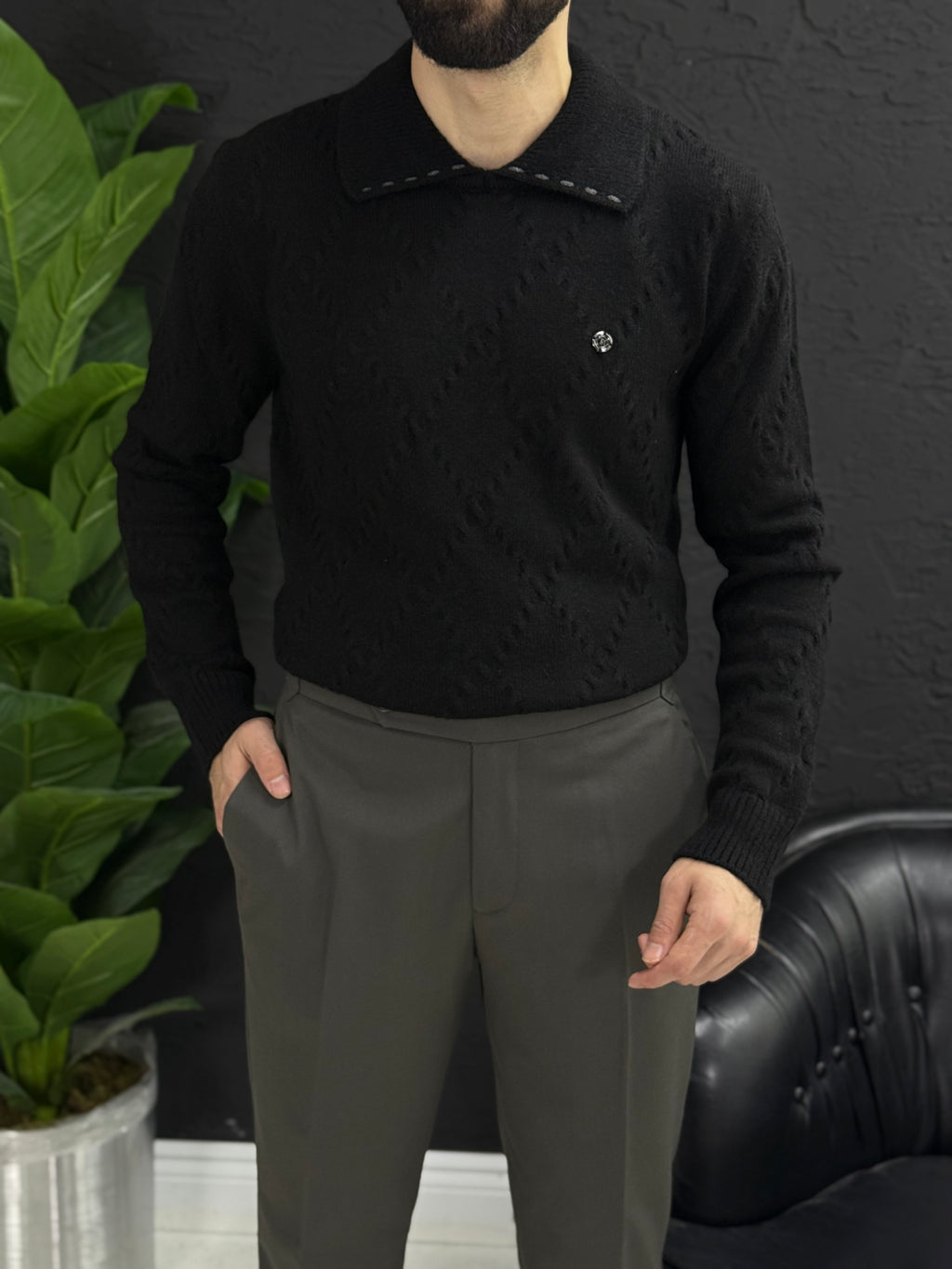 %100 yün kumaş Polo yaka kendinden desenli