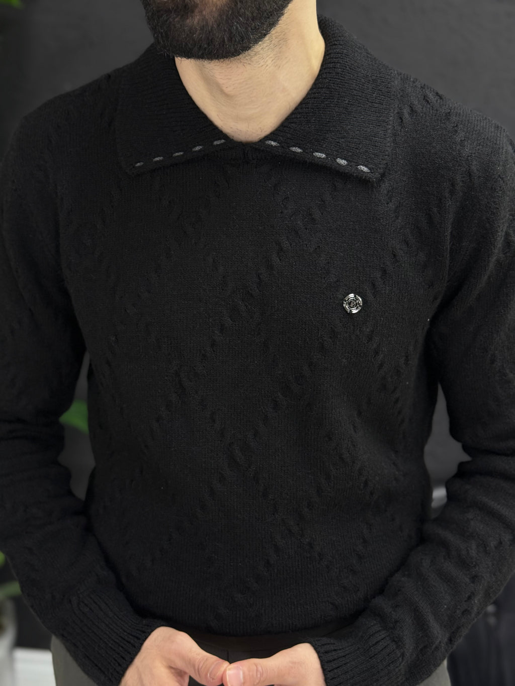 %100 yün kumaş Polo yaka kendinden desenli